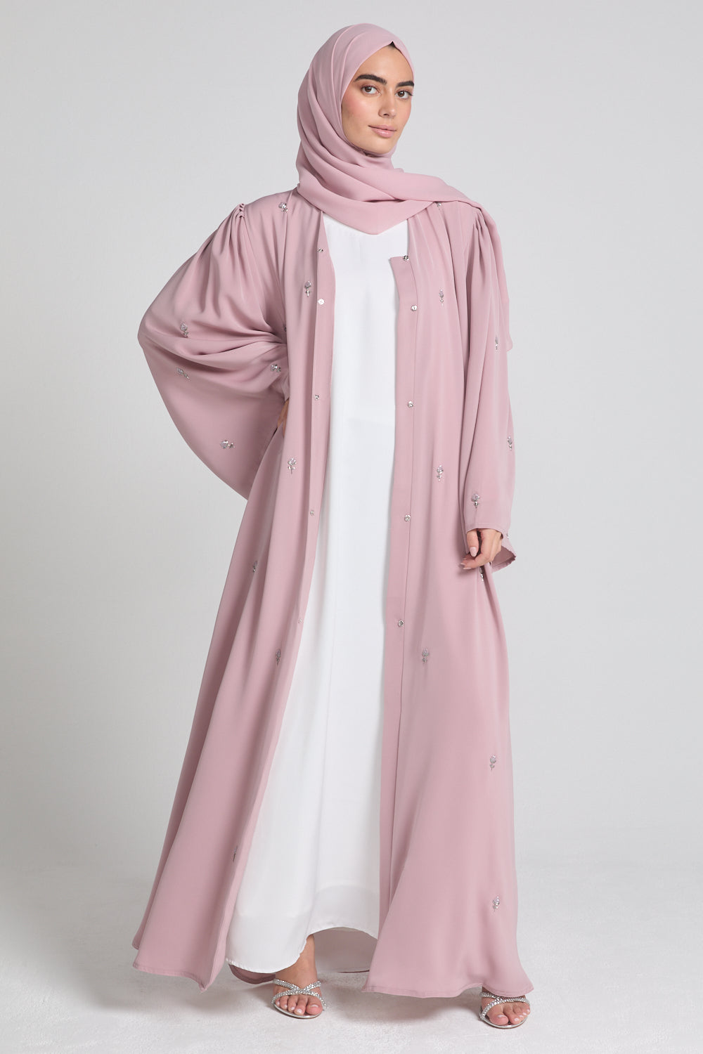 Luxury Embellished Open Abaya with Pleated Cuffs -Blush