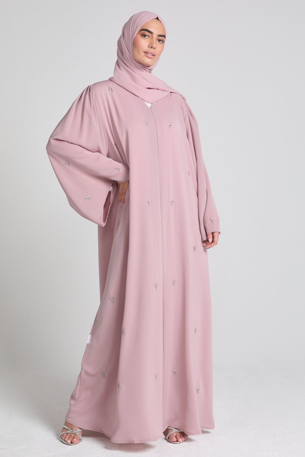 Luxury Embellished Open Abaya with Pleated Cuffs -Blush