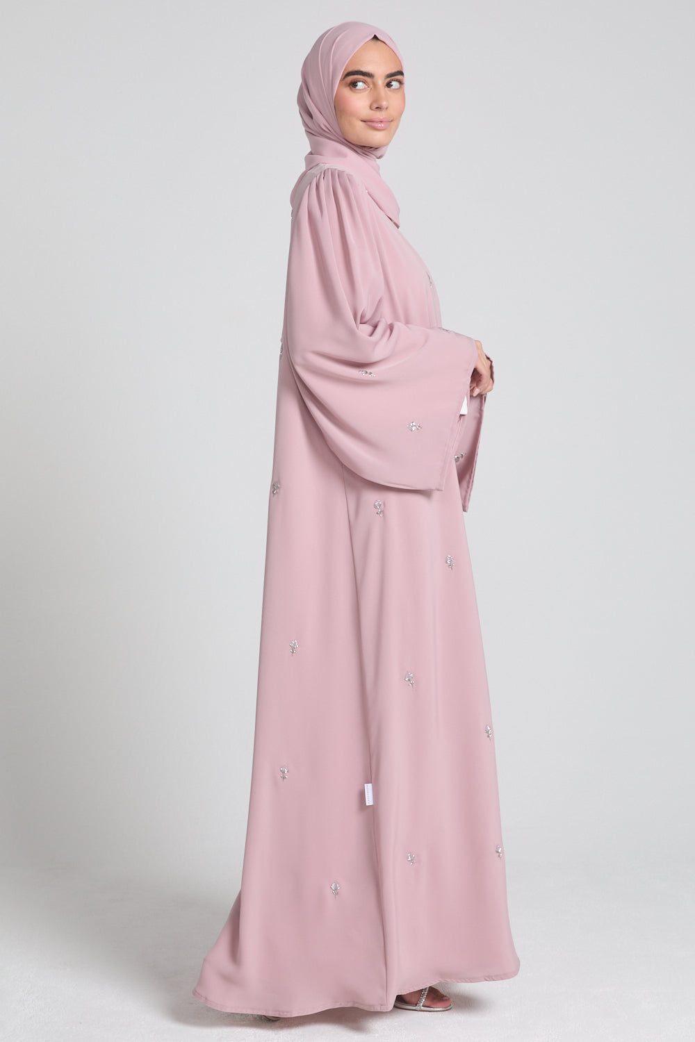 Luxury Embellished Open Abaya with Pleated Cuffs -Blush