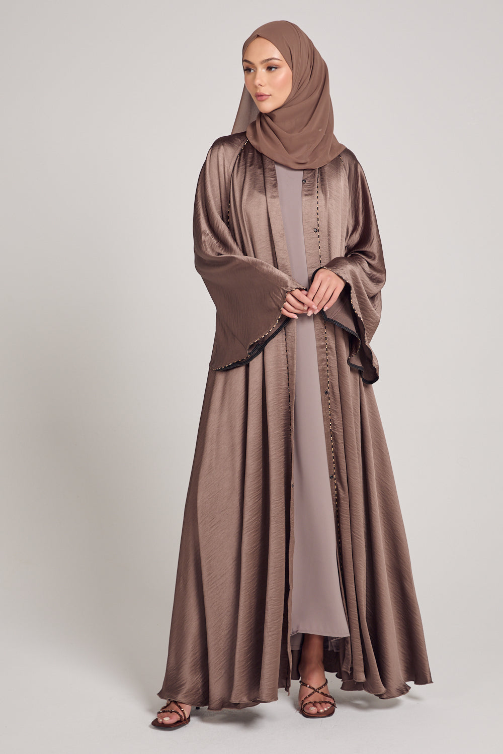 Soft Sheen Umbrella Cut Open Abaya with Flared Sleeves - Bronze Taupe