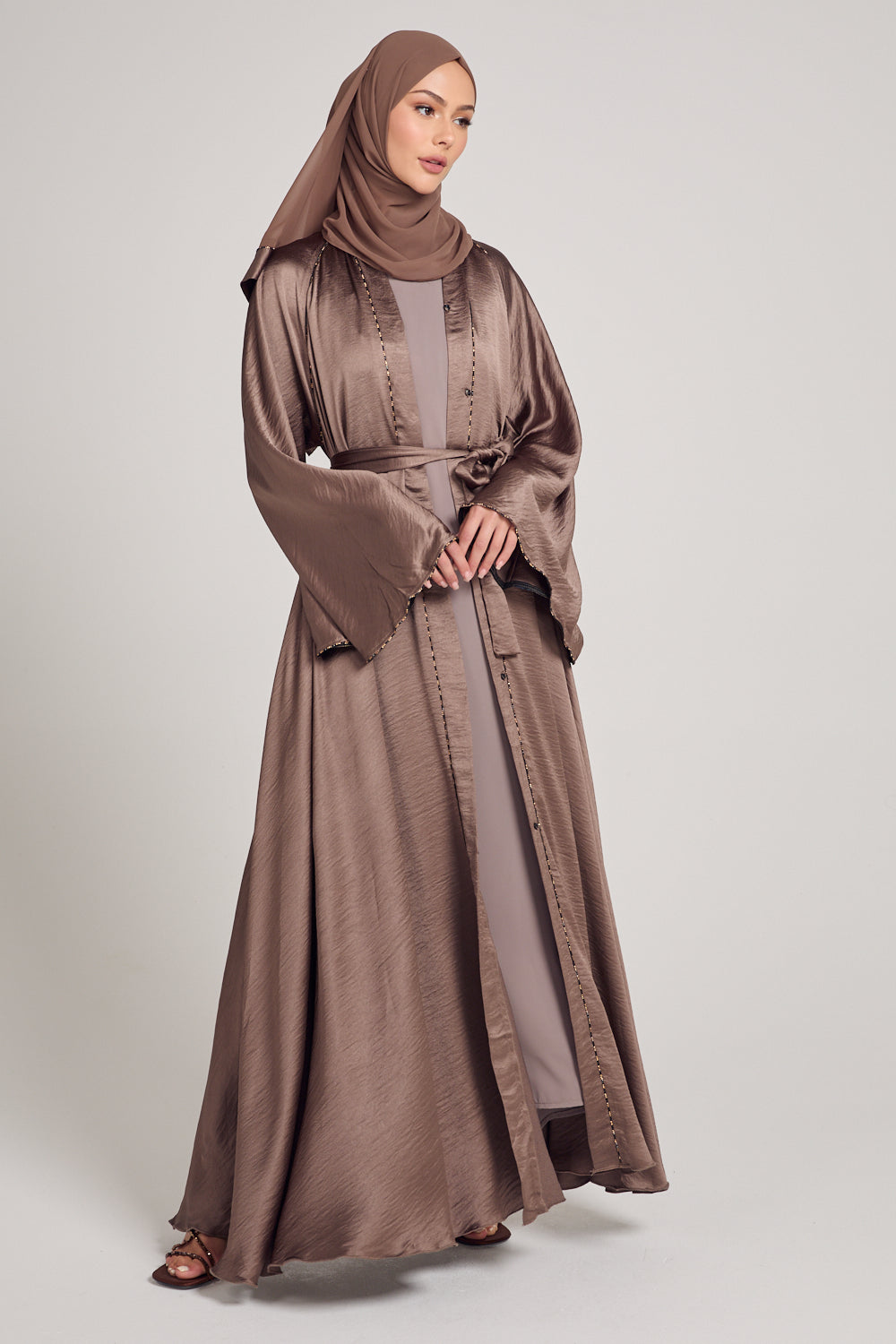 Soft Sheen Umbrella Cut Open Abaya with Flared Sleeves - Bronze Taupe