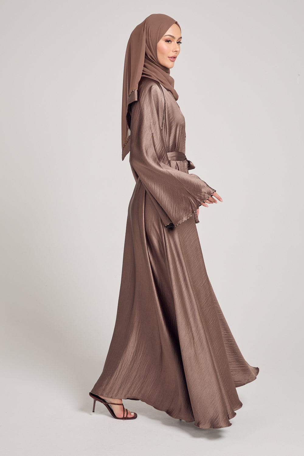 Soft Sheen Umbrella Cut Open Abaya with Flared Sleeves - Bronze Taupe