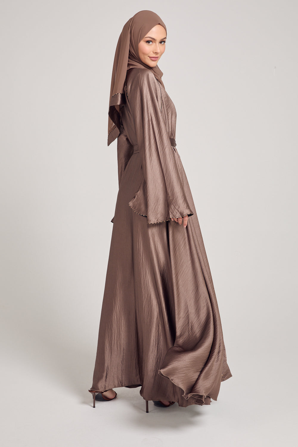 Soft Sheen Umbrella Cut Open Abaya with Flared Sleeves - Bronze Taupe