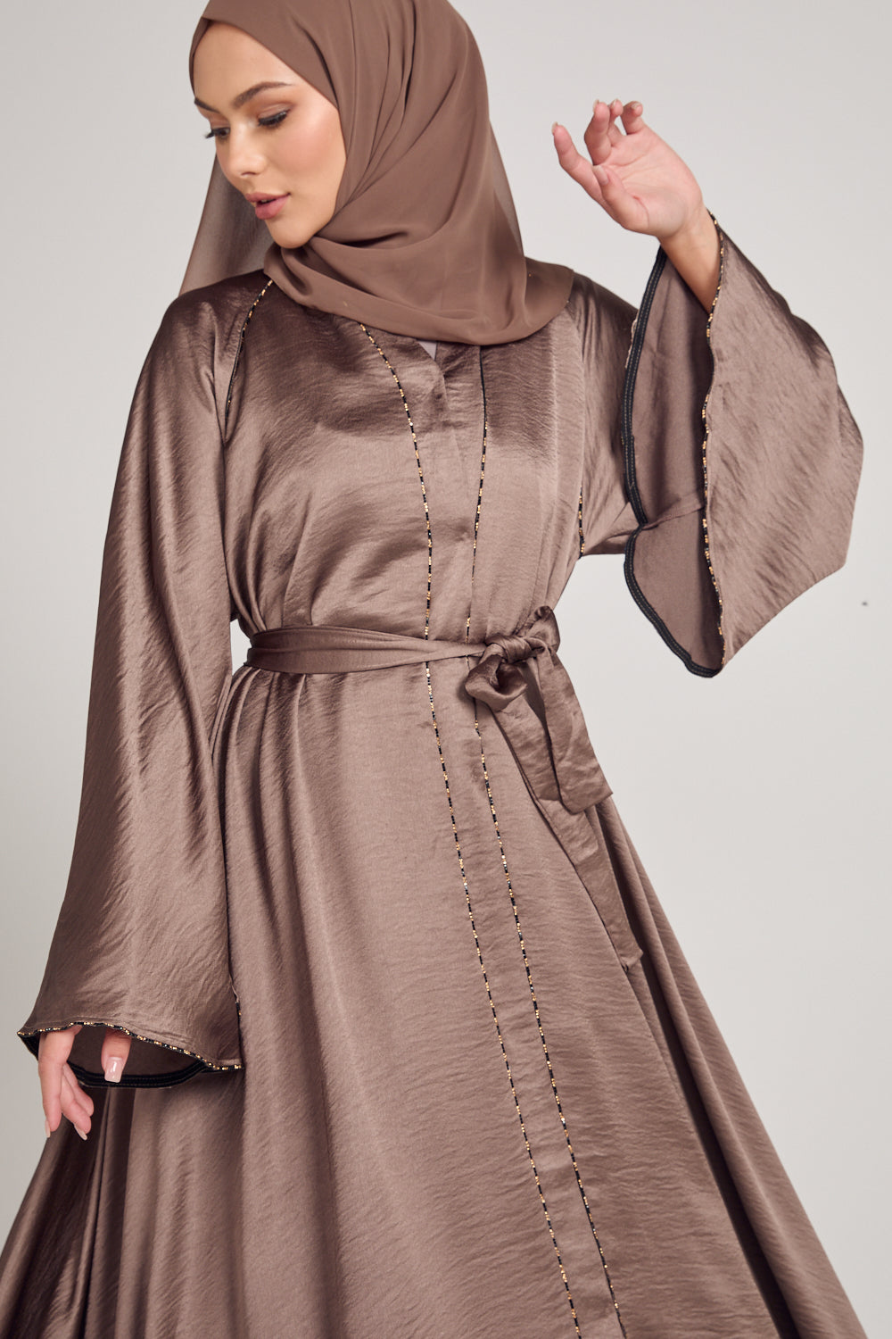 Soft Sheen Umbrella Cut Open Abaya with Flared Sleeves - Bronze Taupe
