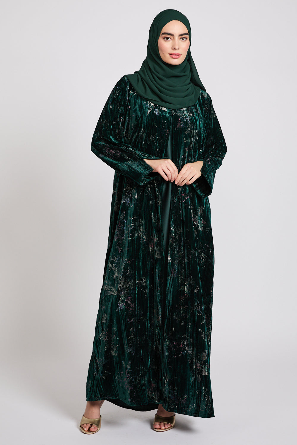 Luxury Velvet Floral Stardust Open Abaya with Pockets - Twilight Emerald