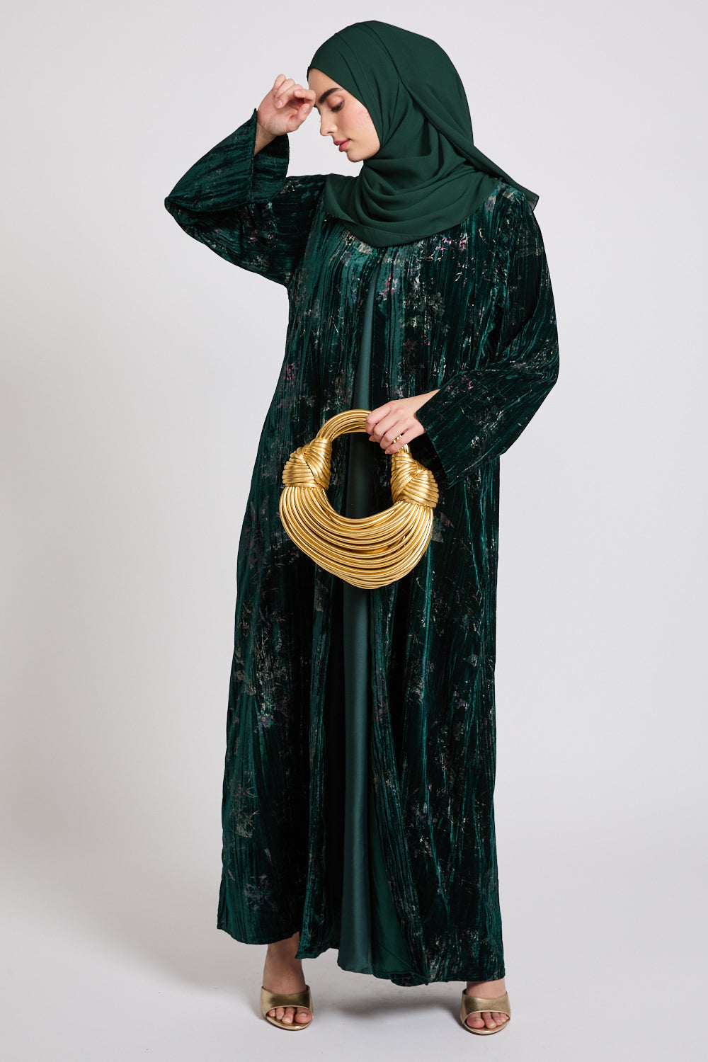 Luxury Velvet Floral Stardust Open Abaya with Pockets - Twilight Emerald