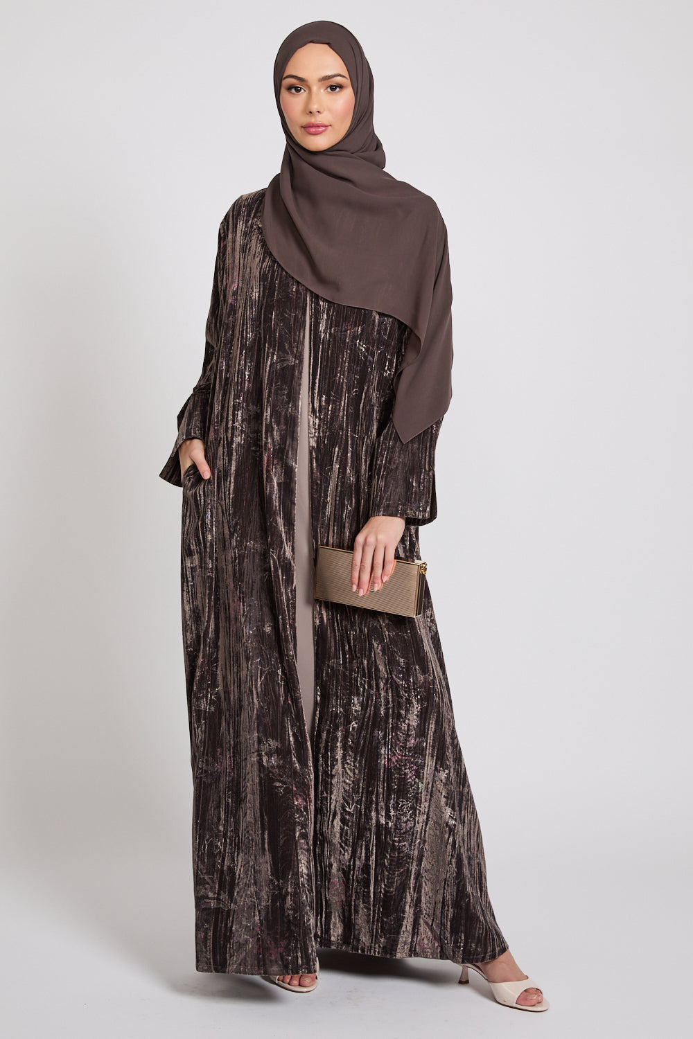 Luxury Velvet Floral Stardust Open Abaya with Pockets - Smoky Topaz