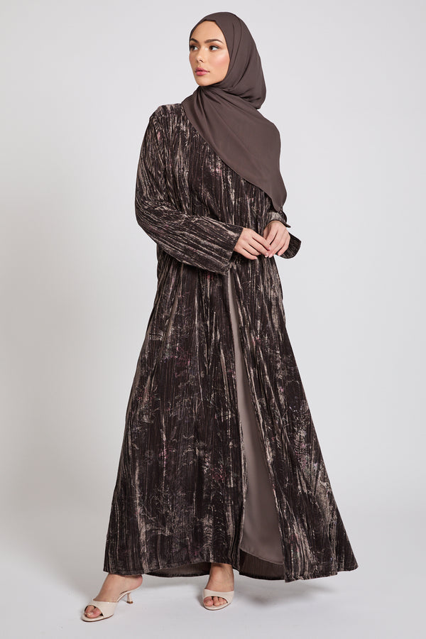 Luxury Velvet Floral Stardust Open Abaya with Pockets - Smoky Topaz