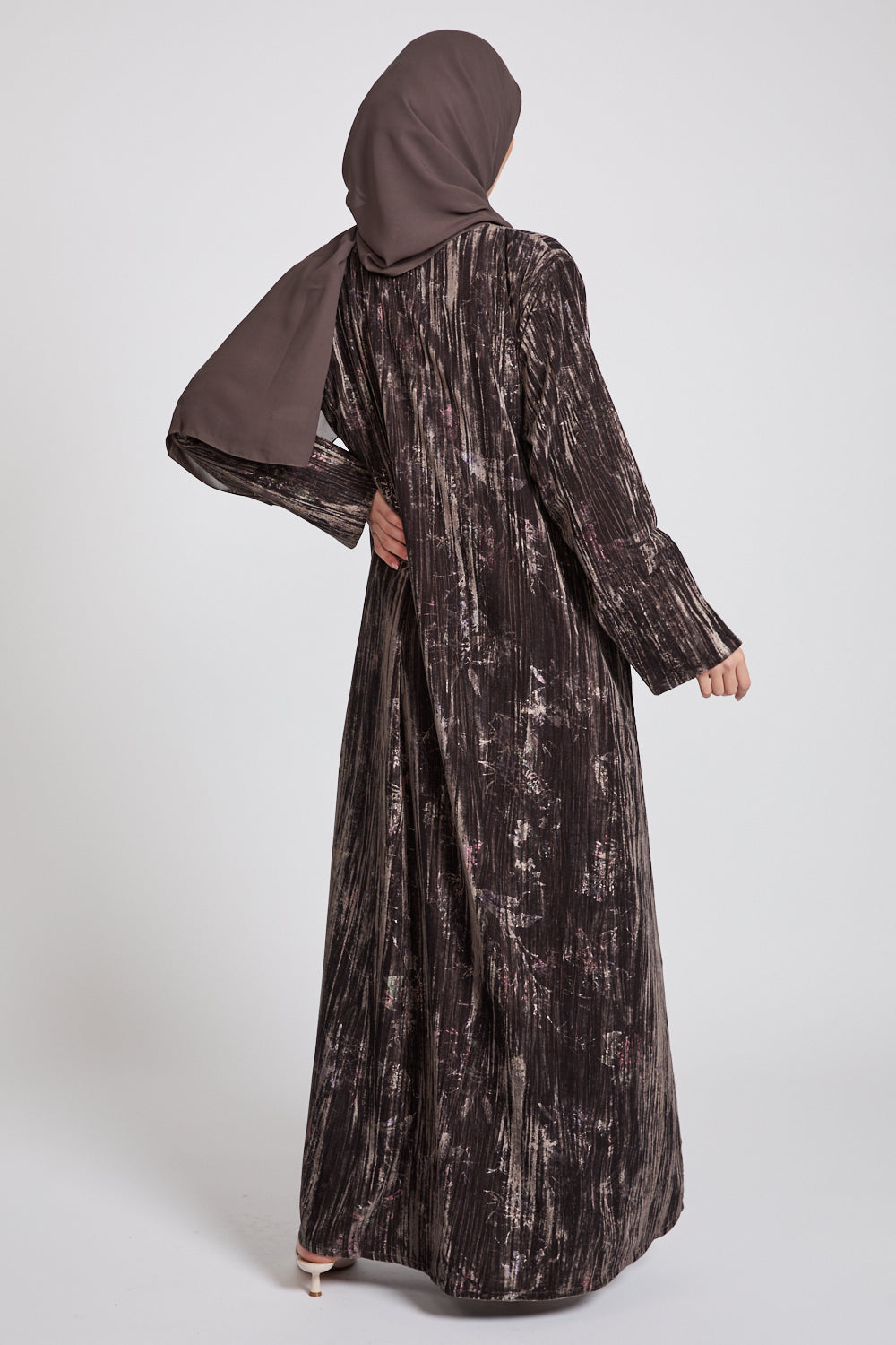 Luxury Velvet Floral Stardust Open Abaya with Pockets - Smoky Topaz
