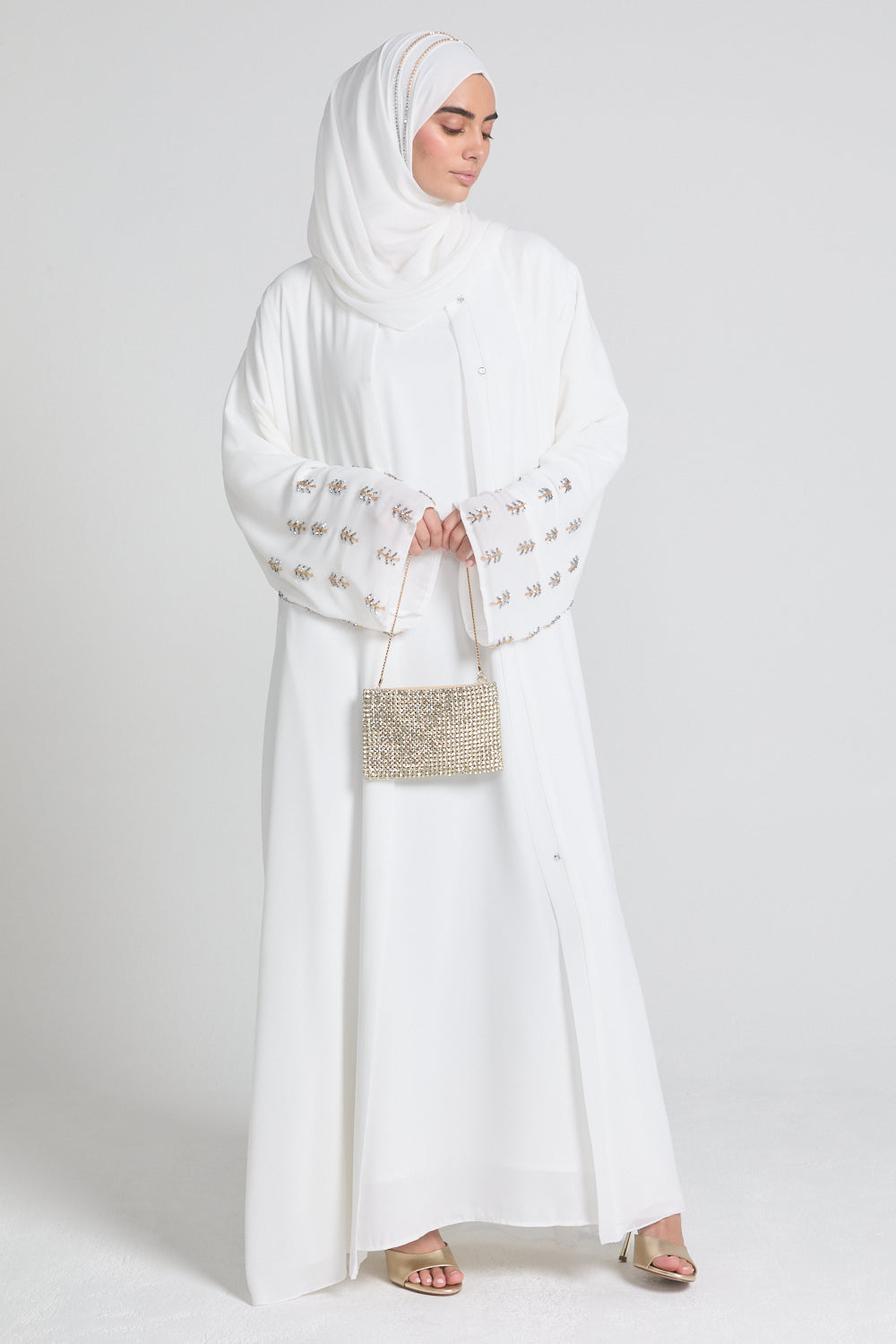 Premium Chiffon Open Abaya with Silver & Gold Embellished Cuffs