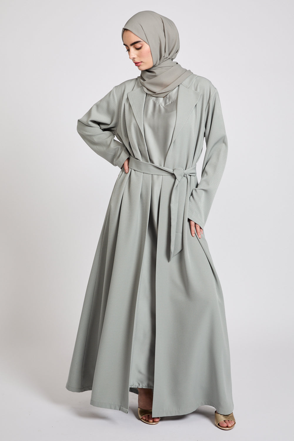 Premium Jacquard Blazer Open Abaya - Smoky Sage