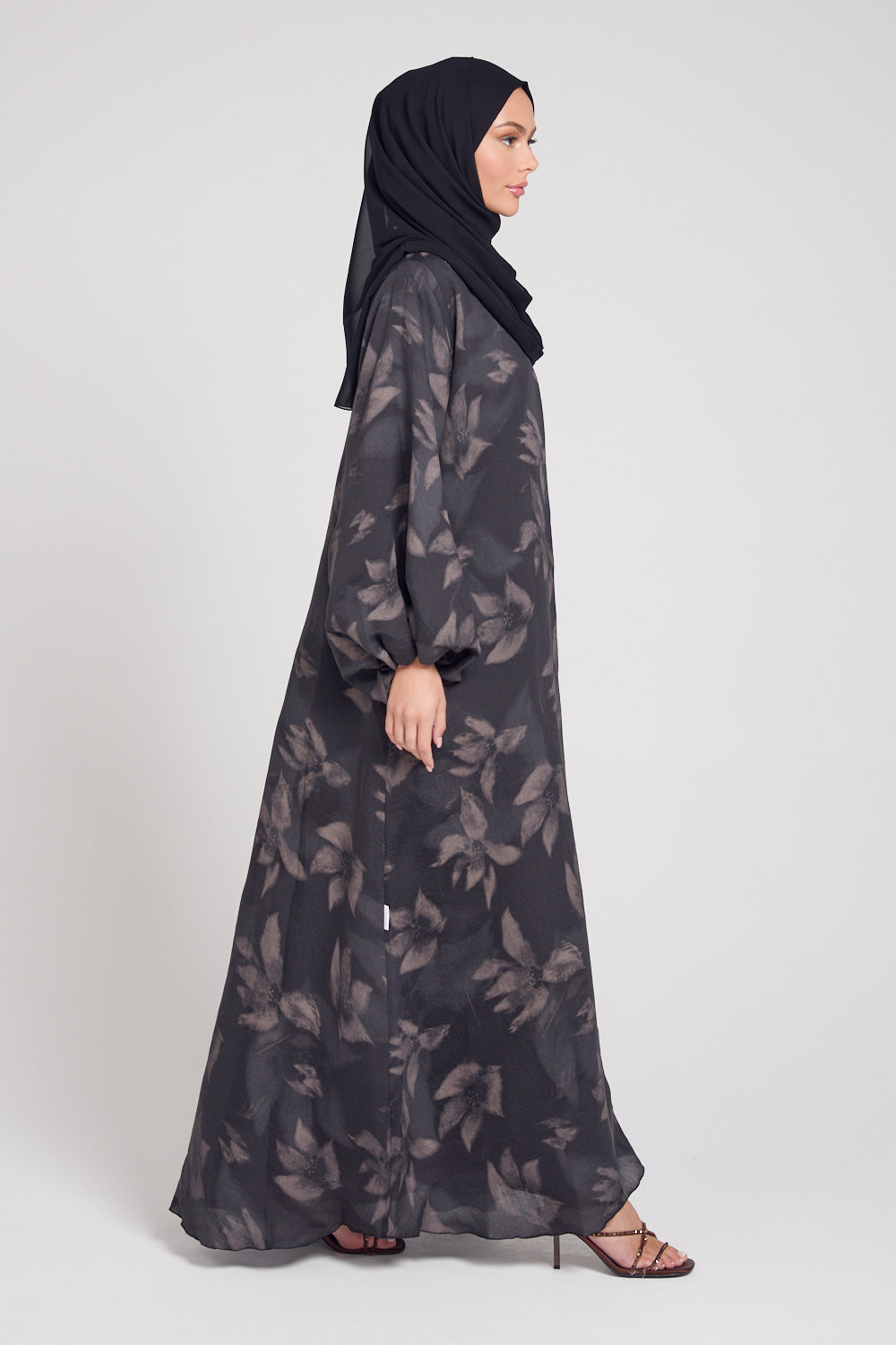 Luxury Floral Mist Print Open Abaya - Dusky Black