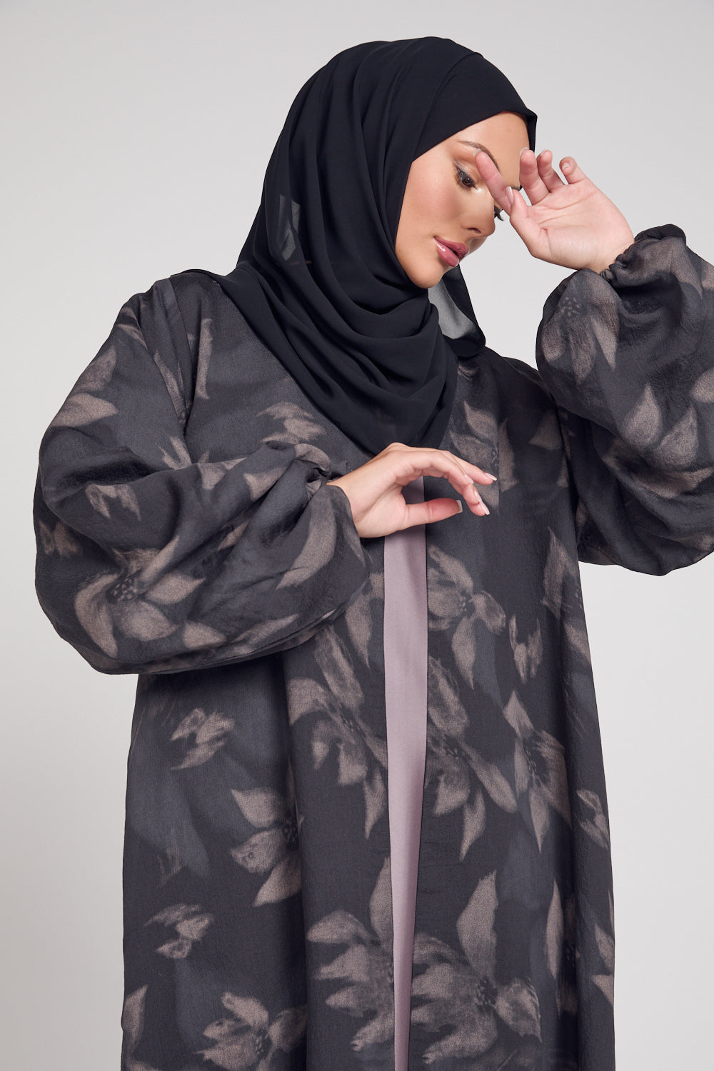 Luxury Floral Mist Print Open Abaya - Dusky Black