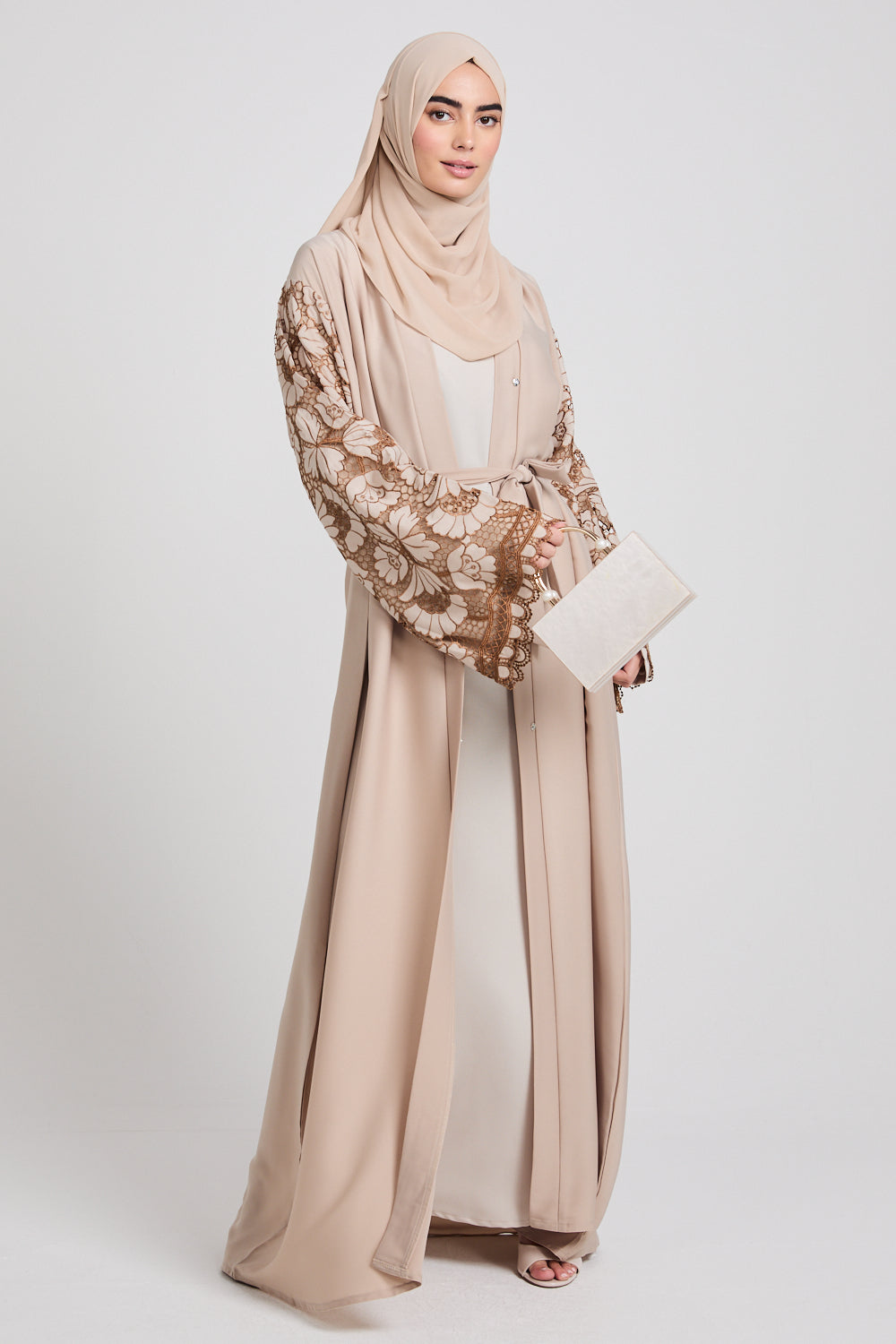 Premium Savannah Blossom Open Abaya - Desert Sand - LIMITED EDITION
