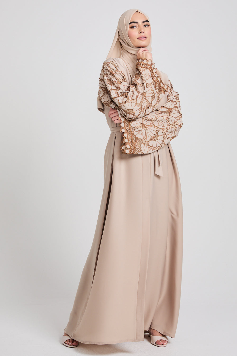 Premium Savannah Blossom Open Abaya - Desert Sand - LIMITED EDITION