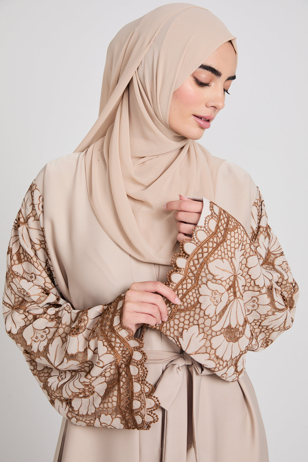 Premium Savannah Blossom Open Abaya - Desert Sand - LIMITED EDITION