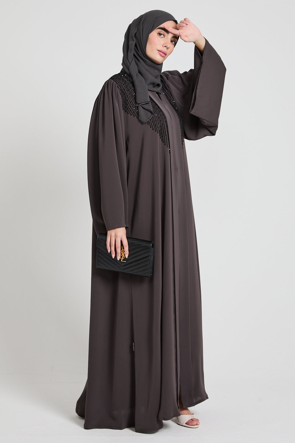 Premium Pleated Shoulder Open Abaya with Embellishments - Charcoal Brown