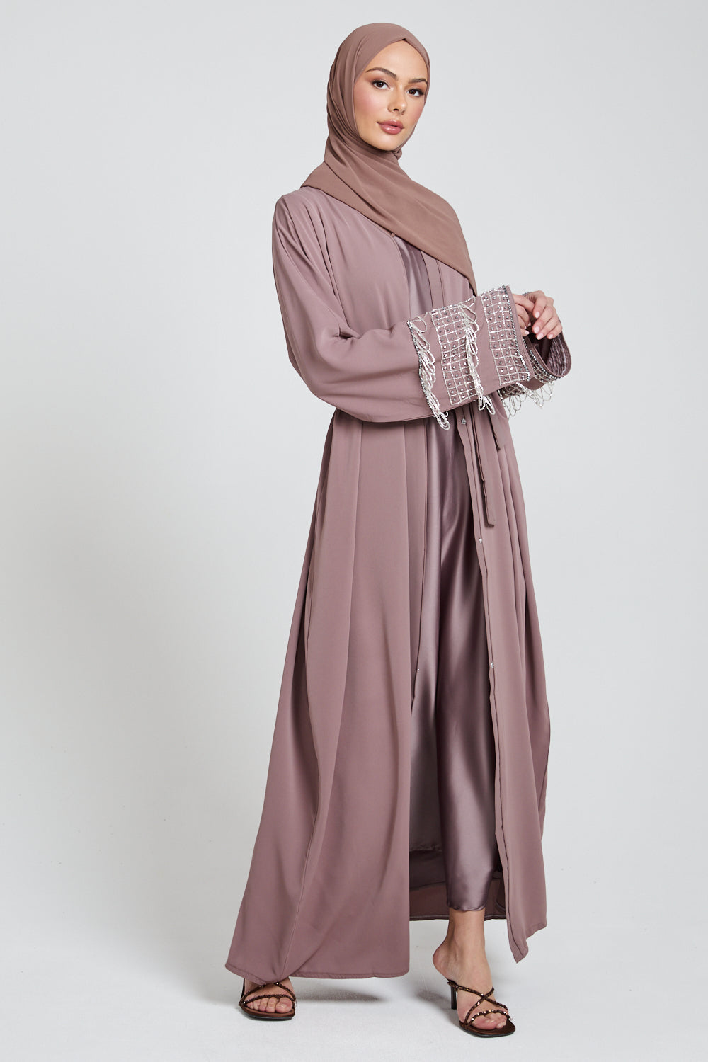 Royal Tassel Embellished Cuff Open Abaya - Mocha Meringue
