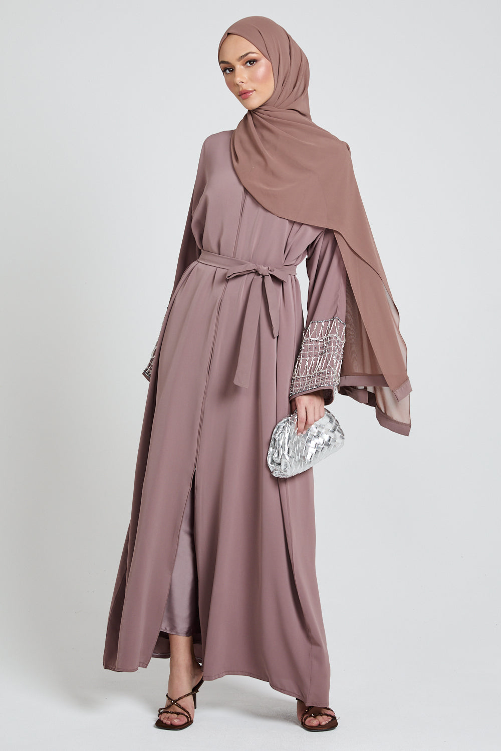 Royal Tassel Embellished Cuff Open Abaya - Mocha Meringue