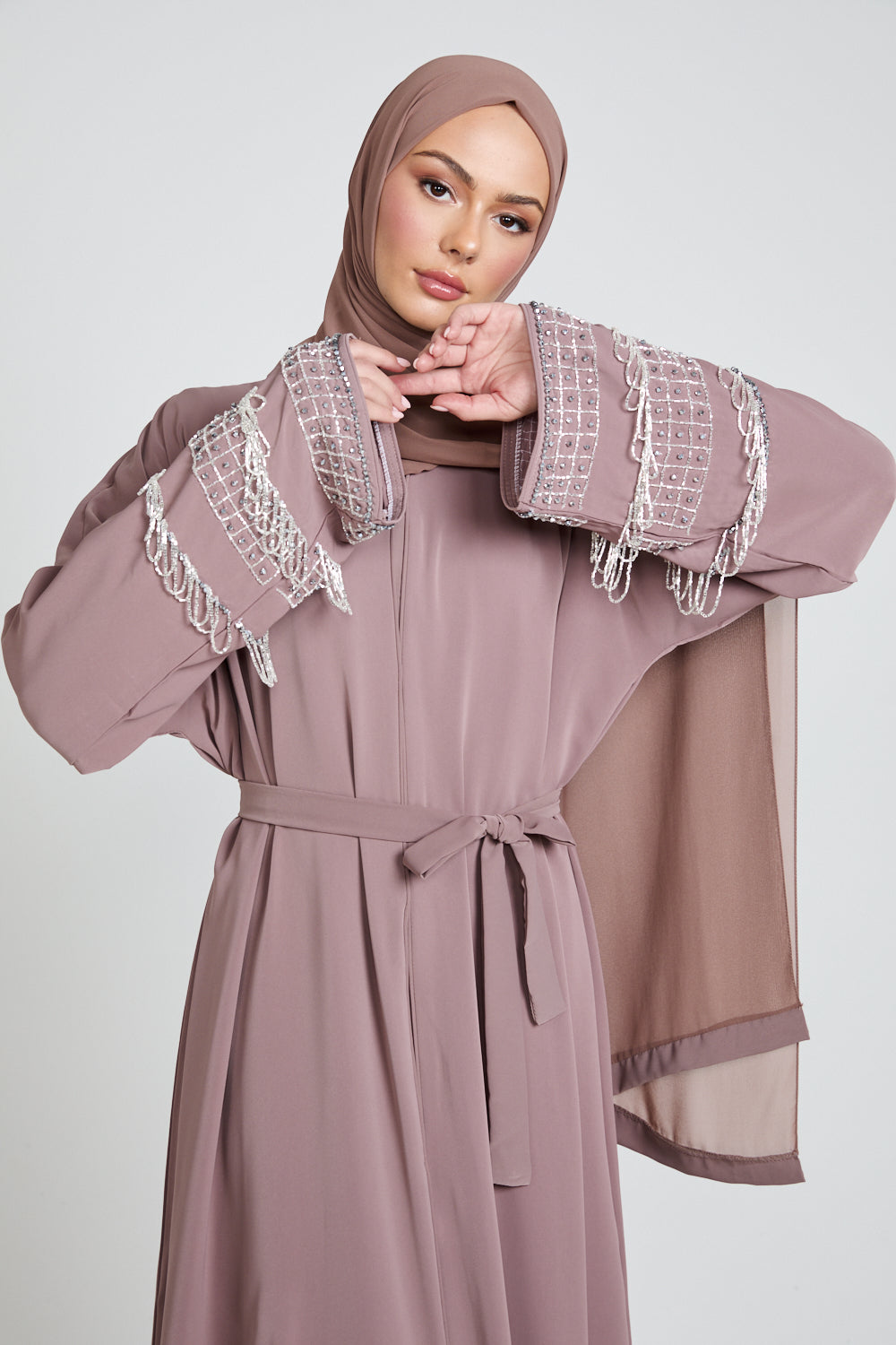 Royal Tassel Embellished Cuff Open Abaya - Mocha Meringue