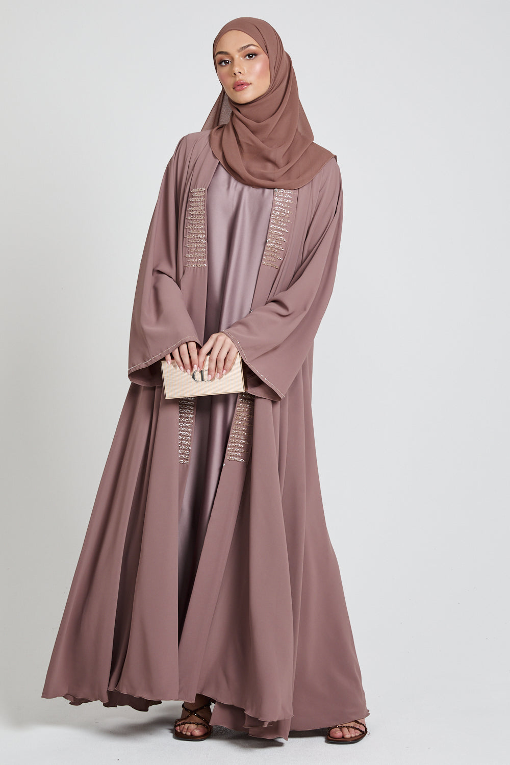 Classic Open Abaya with Embellished Panels - Mocha