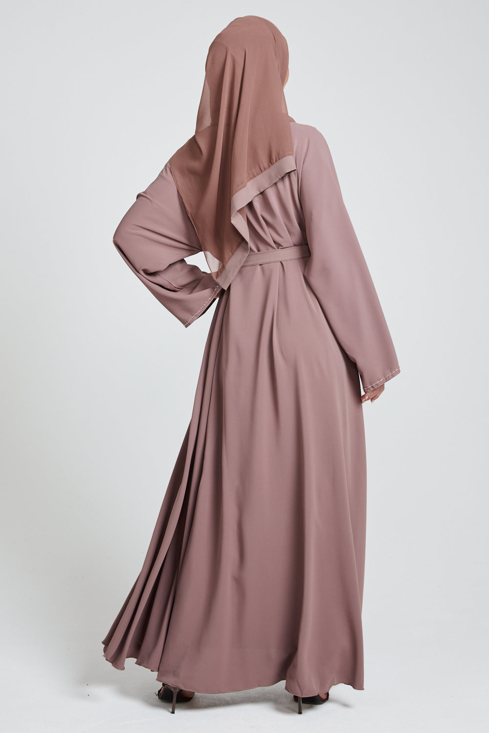Classic Open Abaya with Embellished Panels - Mocha