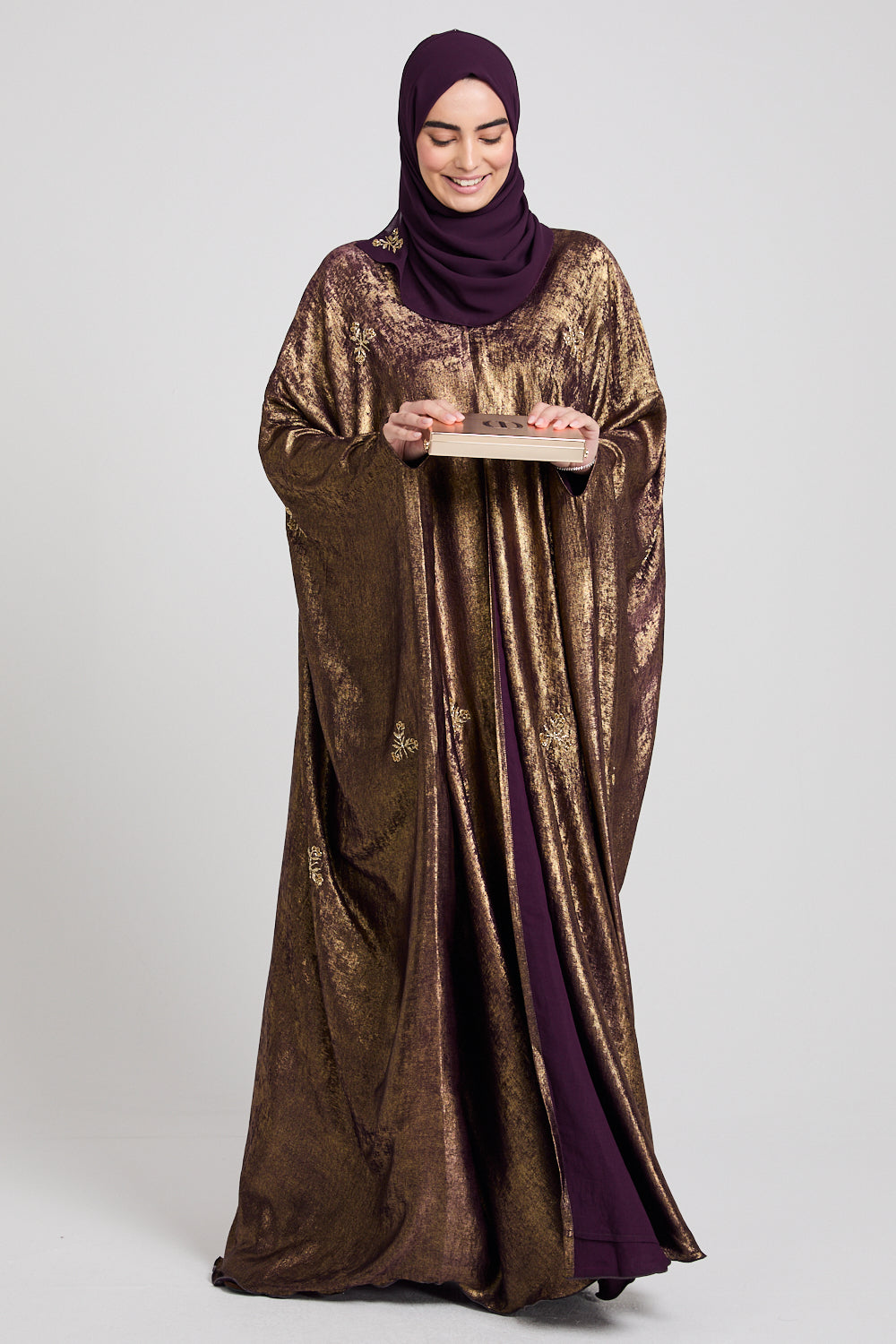 Premium Ethereal Glow Embellished Open Farasha - Twilight Gold