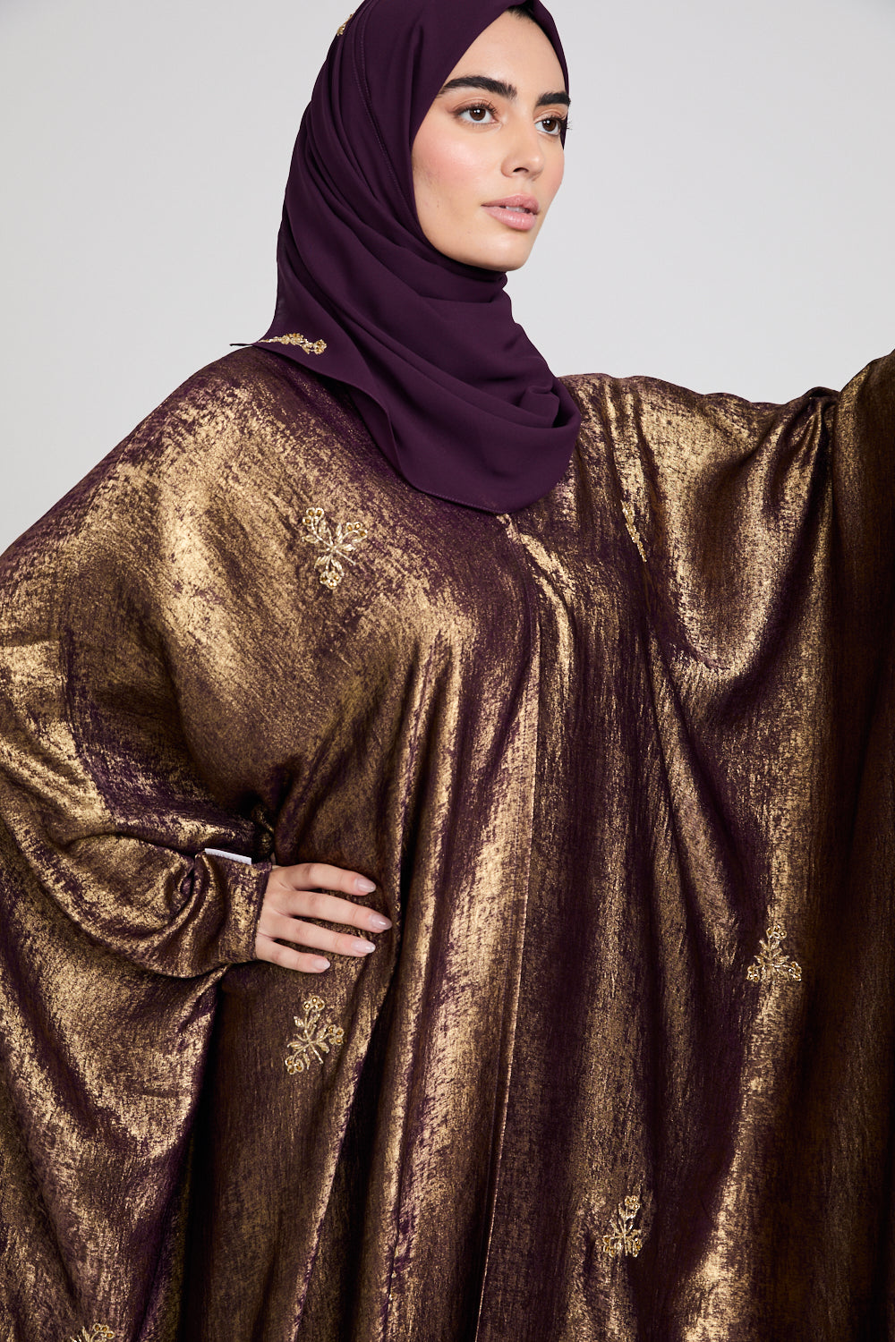 Premium Ethereal Glow Embellished Open Farasha - Twilight Gold