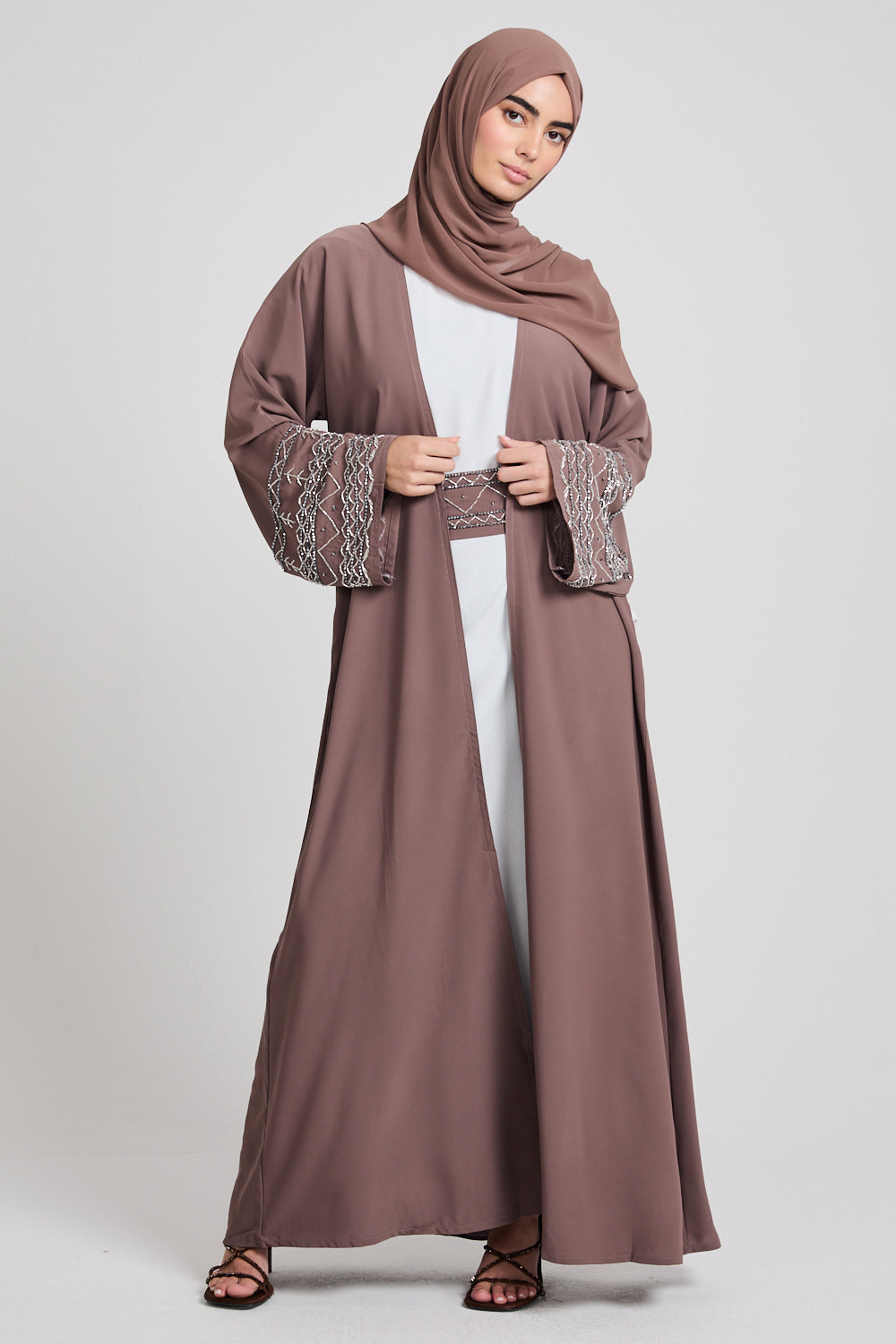 Four Piece Embellished Cuff Open Abaya Set - Almond Brown