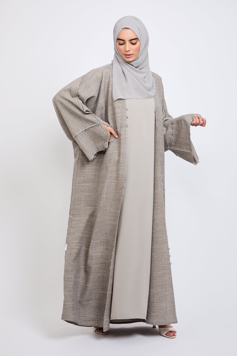 Premium Open Abaya with Crochet Detailing - Opal Grey