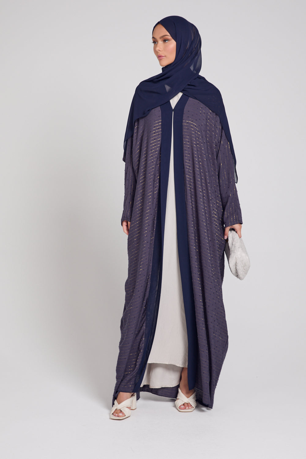 Classic Bisht Open Abaya With Chiffon Panels - Navy