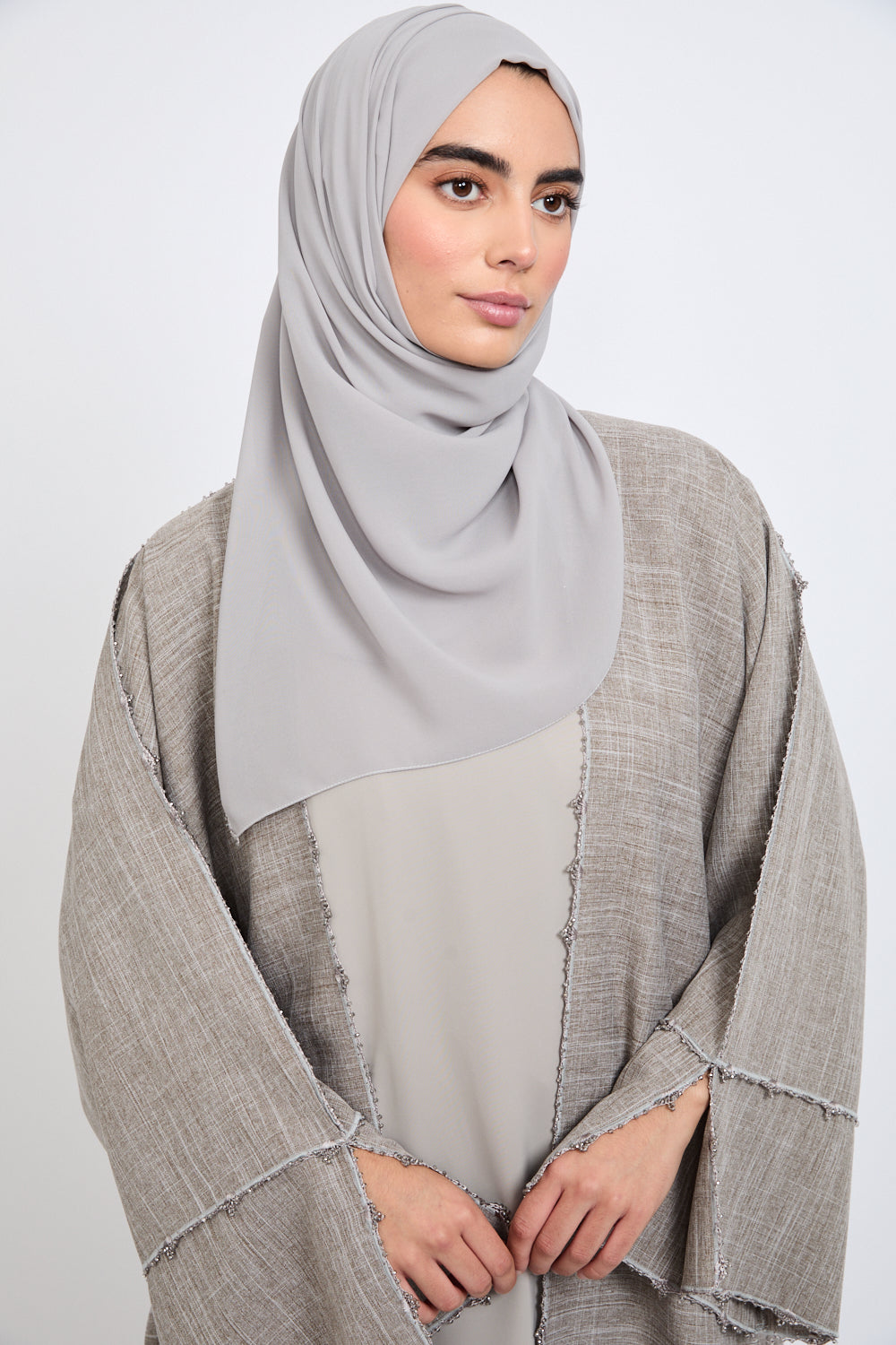 Premium Open Abaya with Crochet Detailing - Opal Grey