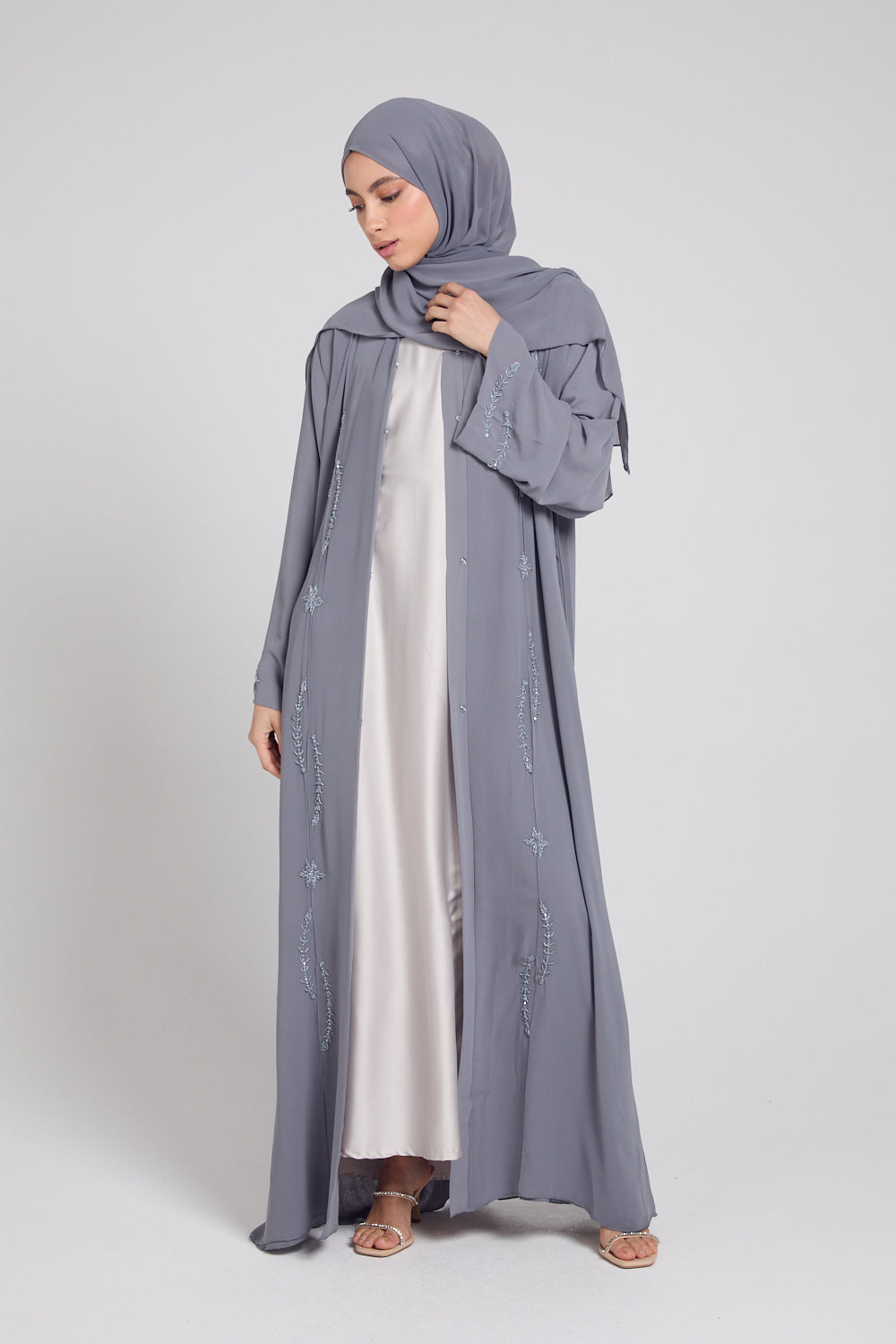 Premium Coronate Embellished Chiffon Open Abaya - Light Grey