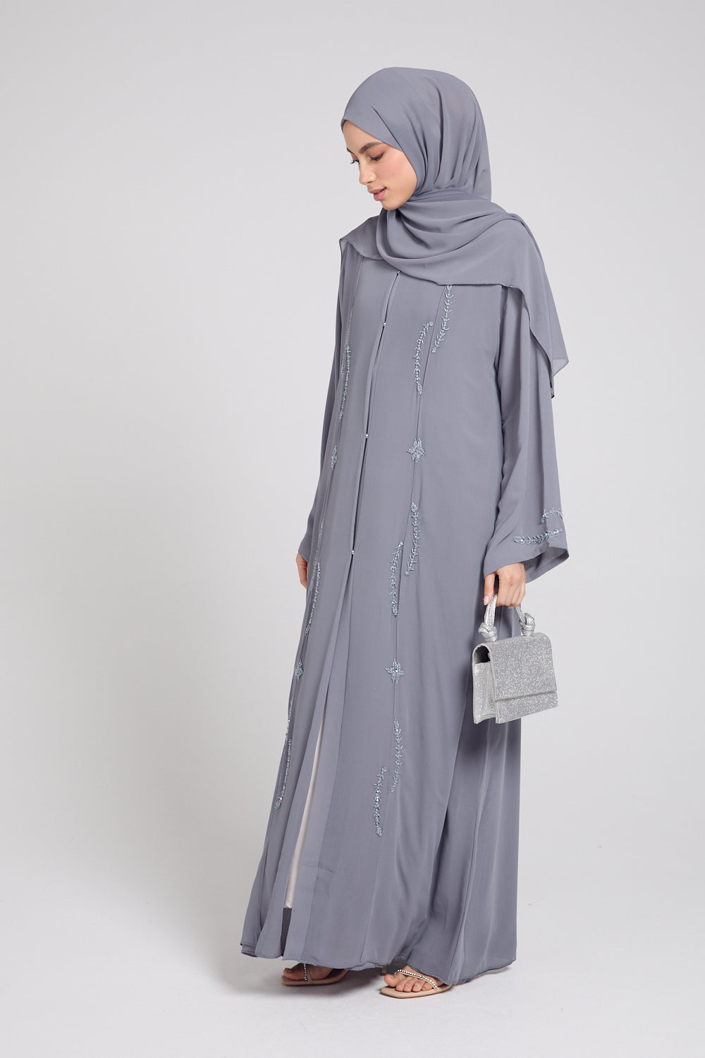 Premium Coronate Embellished Chiffon Open Abaya - Light Grey