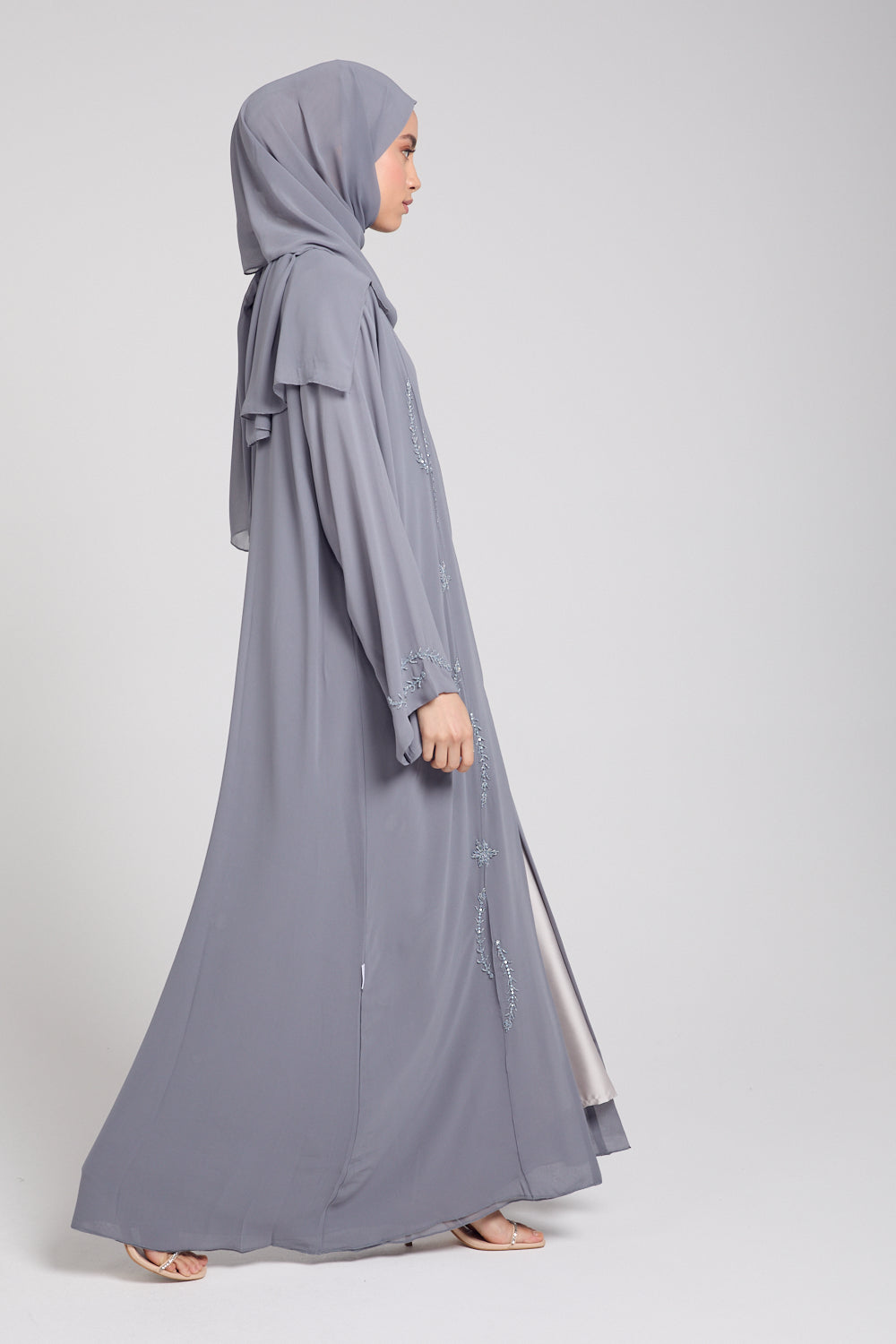 Premium Coronate Embellished Chiffon Open Abaya - Light Grey