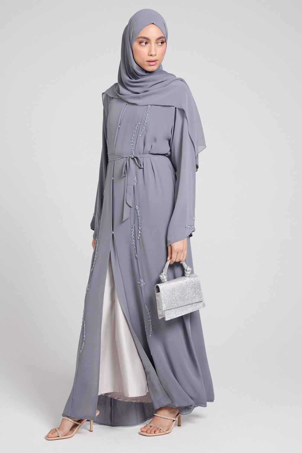 Premium Coronate Embellished Chiffon Open Abaya - Light Grey