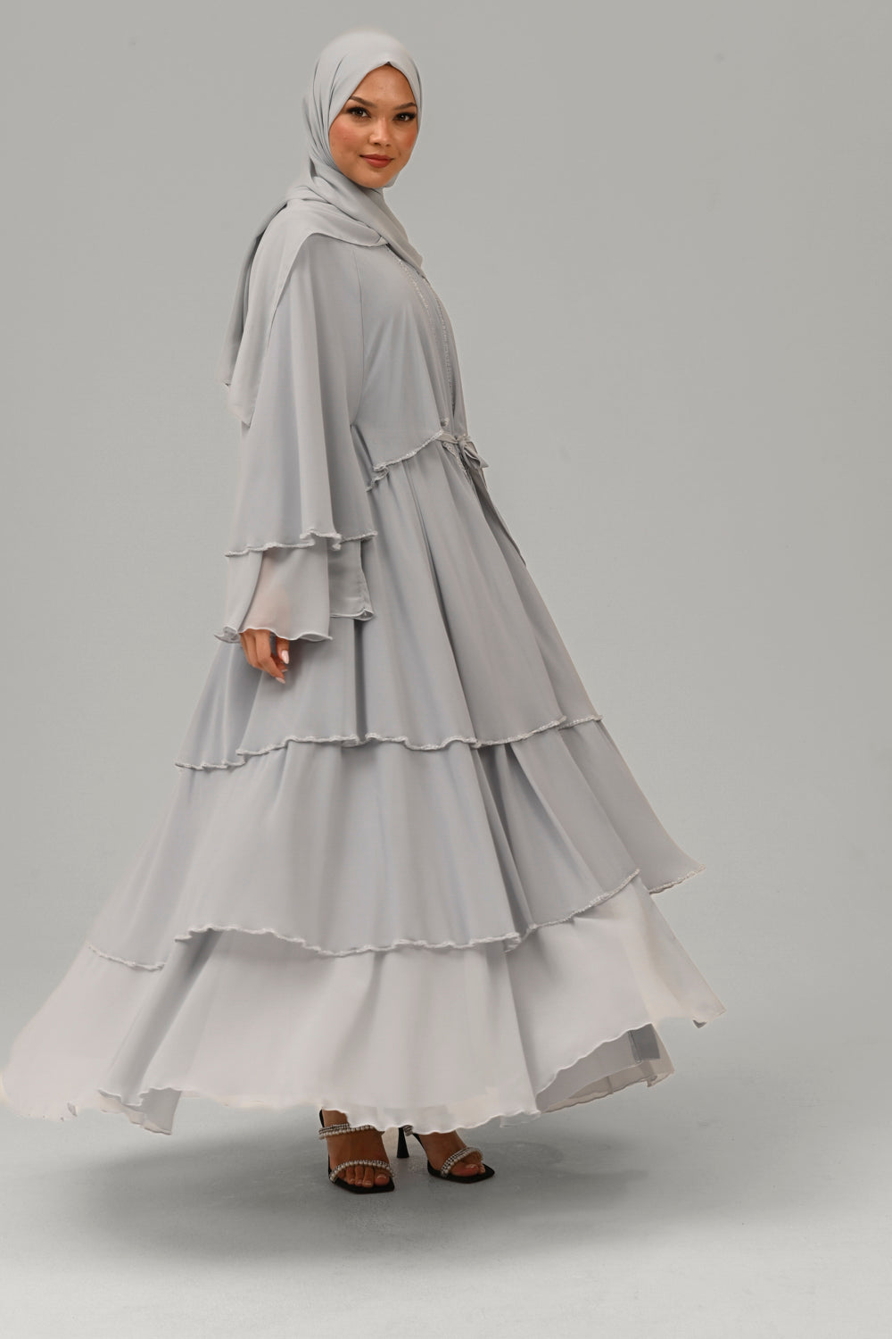 Premium Ice Grey Embellished Layered Open Abaya