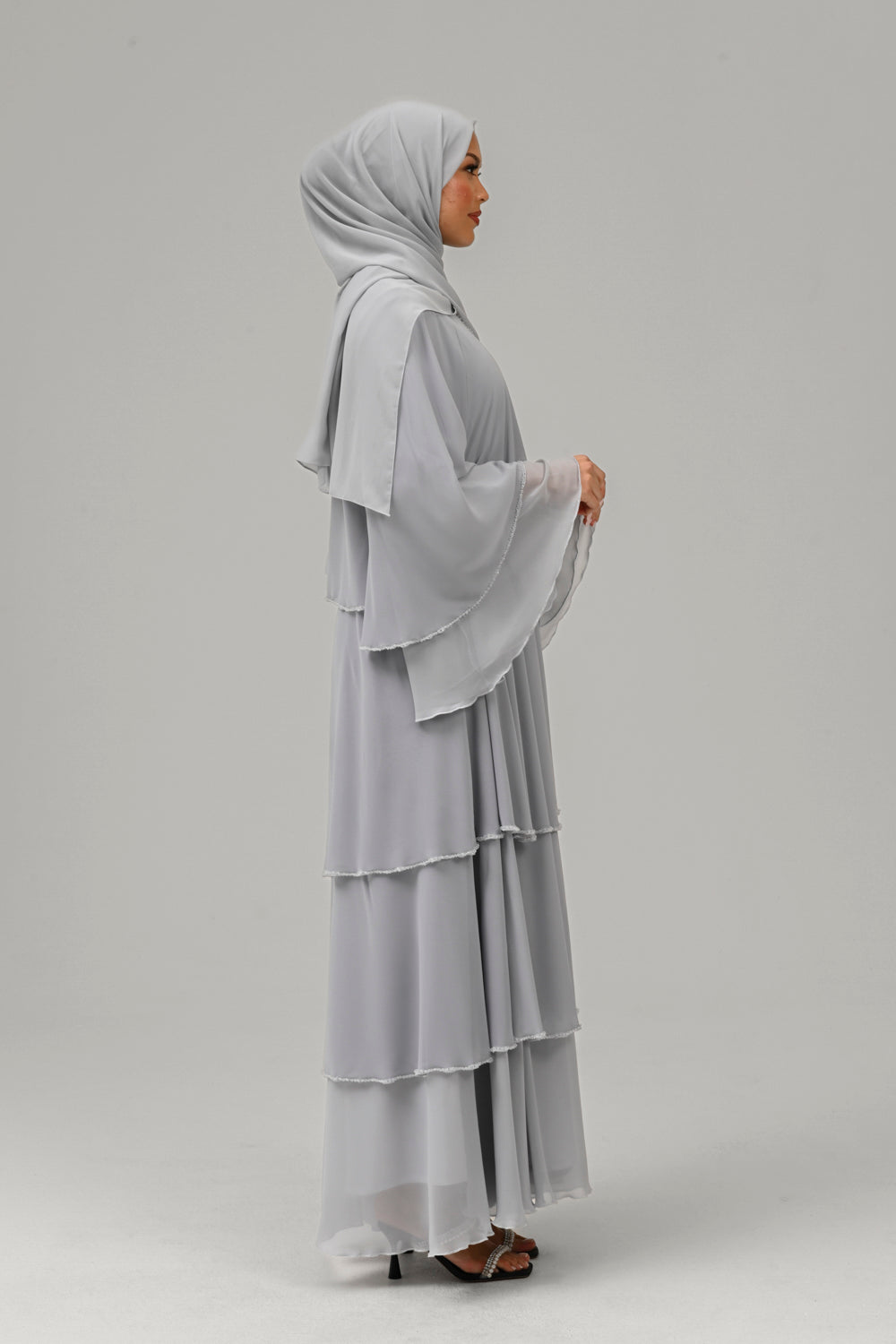 Premium Ice Grey Embellished Layered Open Abaya