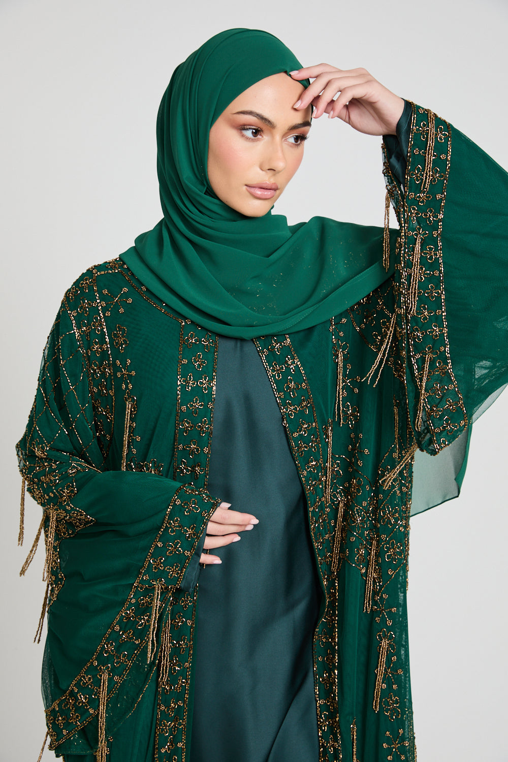 Luxury Emerald Glimmer Embellished Open Abaya