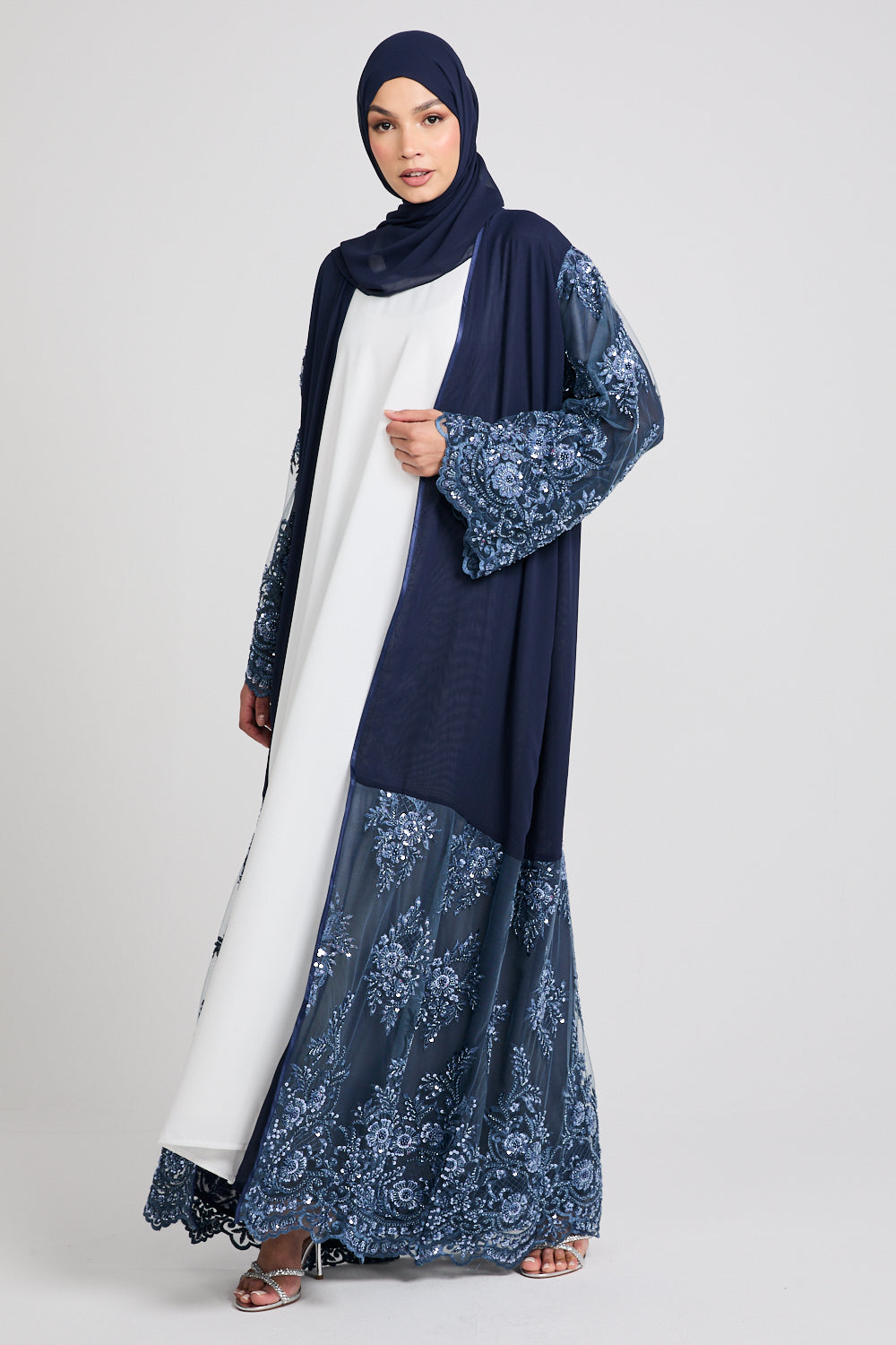 Luxury Midnight Navy Chiffon Open Abaya with Embellished Lace - LIMITED EDITION