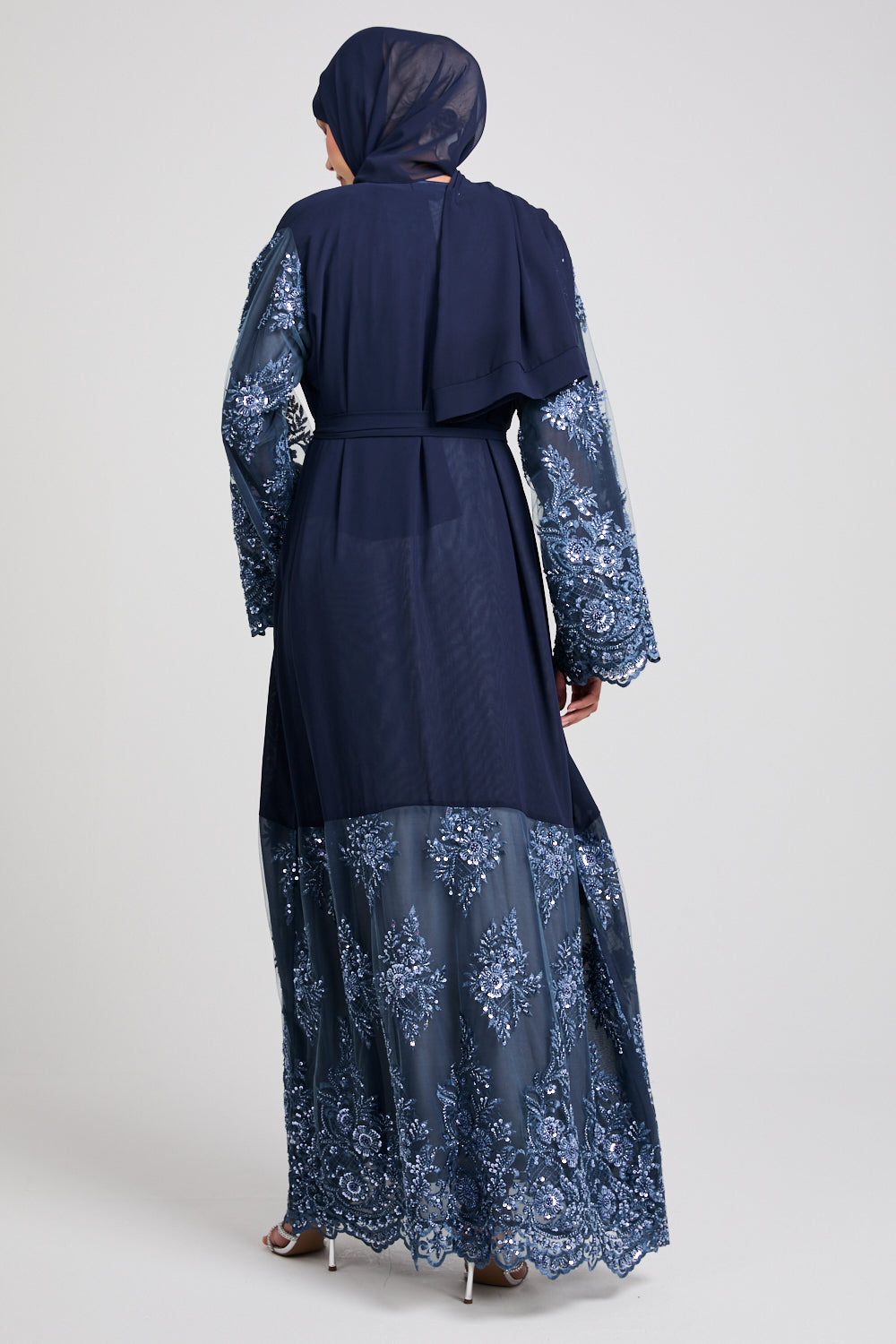 Luxury Midnight Navy Chiffon Open Abaya with Embellished Lace - LIMITED EDITION