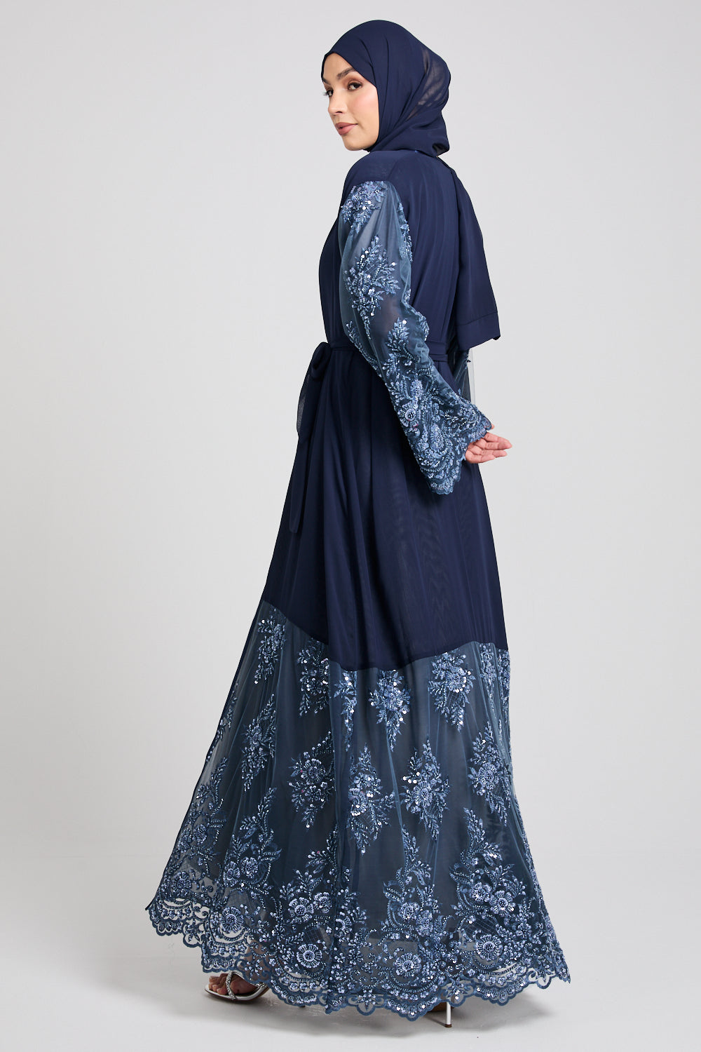 Luxury Midnight Navy Chiffon Open Abaya with Embellished Lace - LIMITED EDITION