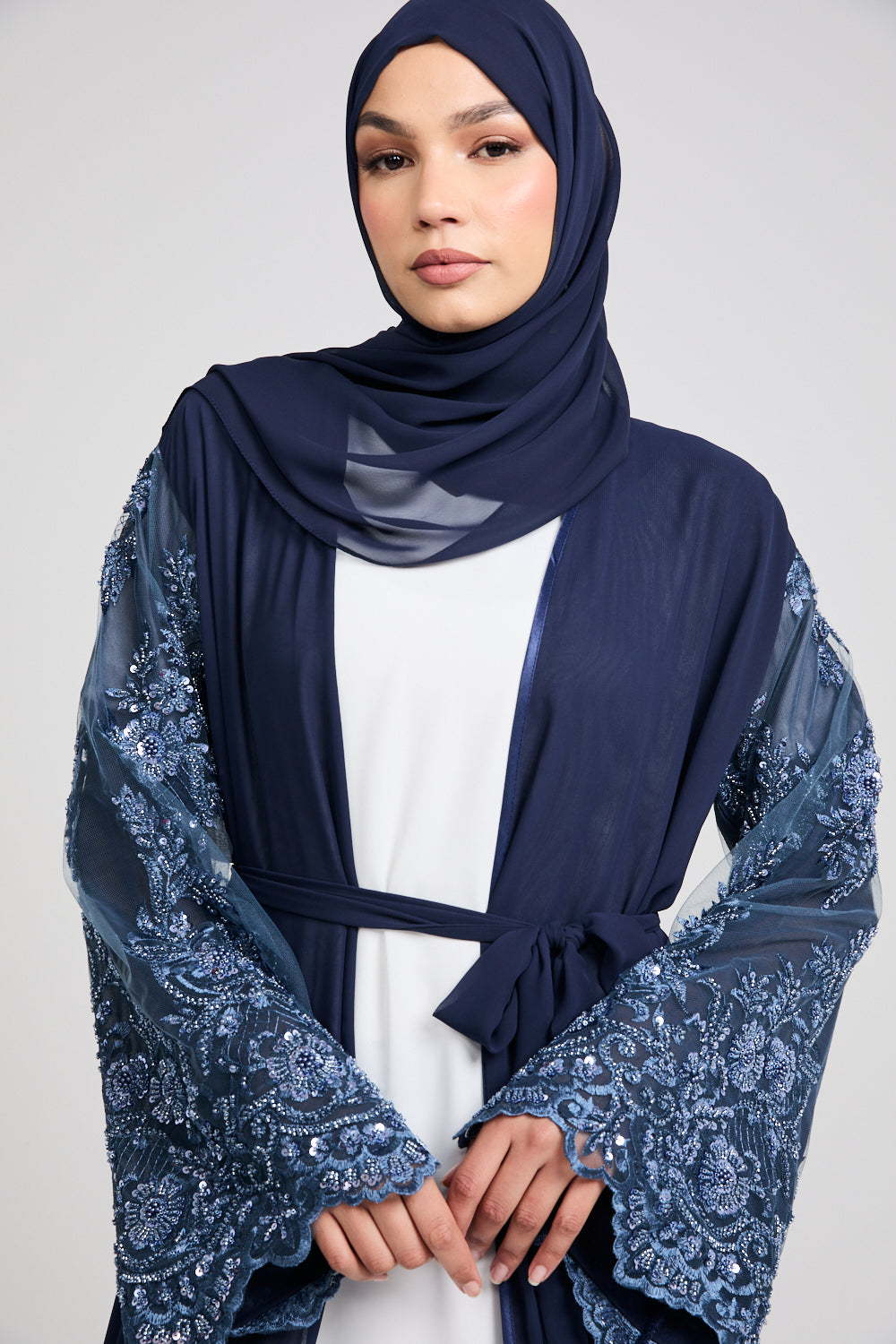 Luxury Midnight Navy Chiffon Open Abaya with Embellished Lace - LIMITED EDITION