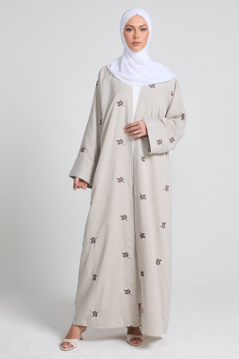 Autumn Bloom Embroidered Kimono Open Abaya With Folded Cuffs