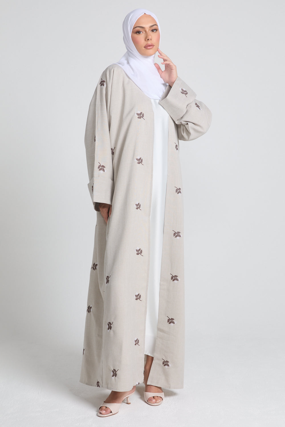 Autumn Bloom Embroidered Kimono Open Abaya With Folded Cuffs