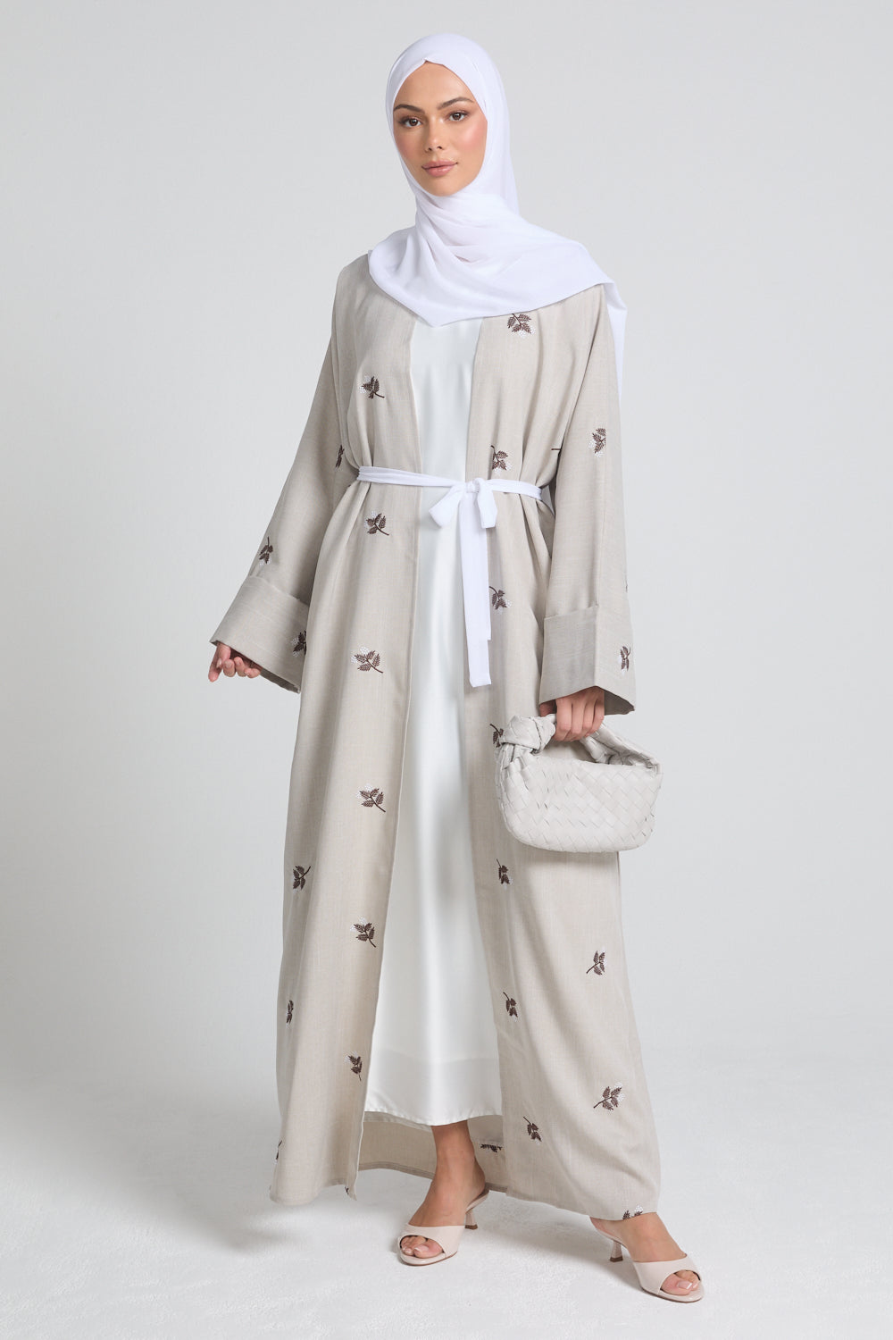 Autumn Bloom Embroidered Kimono Open Abaya With Folded Cuffs
