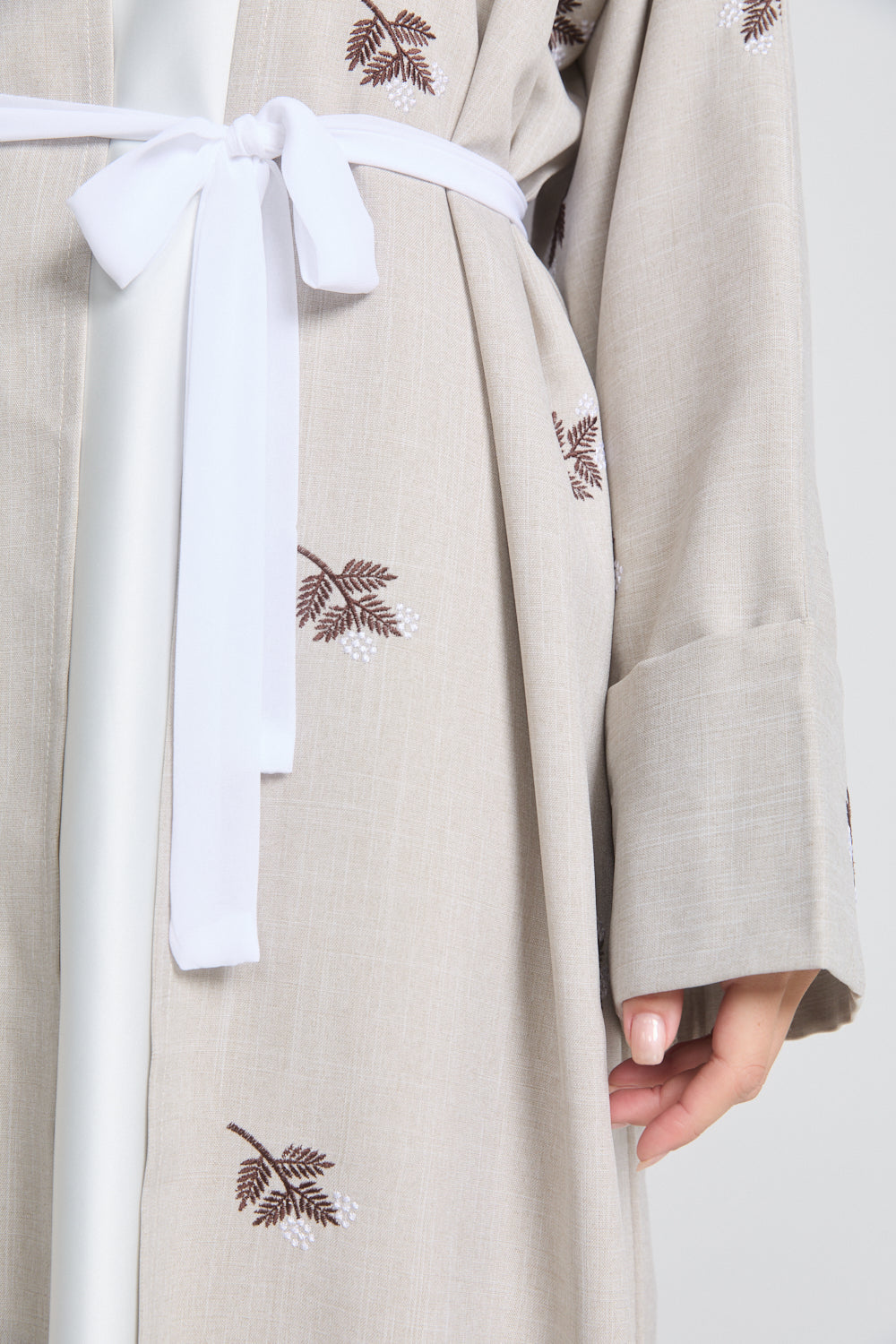 Autumn Bloom Embroidered Kimono Open Abaya With Folded Cuffs