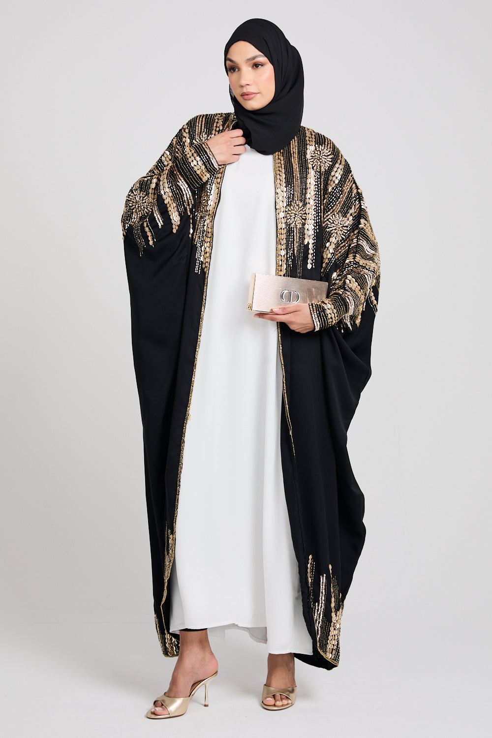 Luxury Cosmic Blossom Embellished Open Abaya with Front Zip - Gold