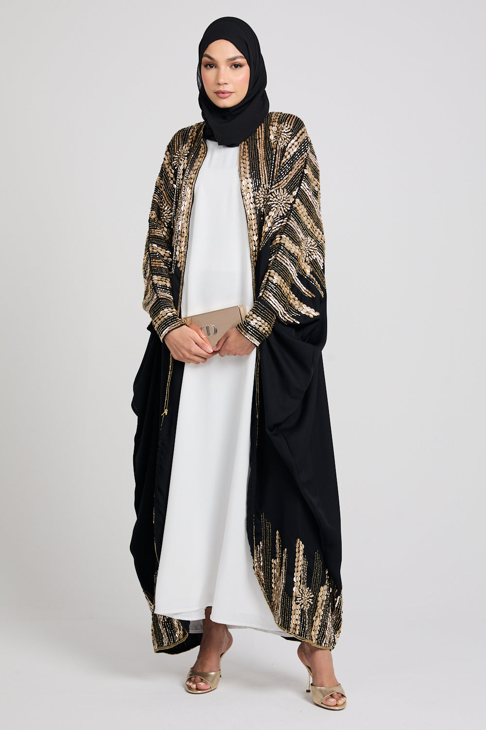 Luxury Cosmic Blossom Embellished Open Abaya with Front Zip - Gold