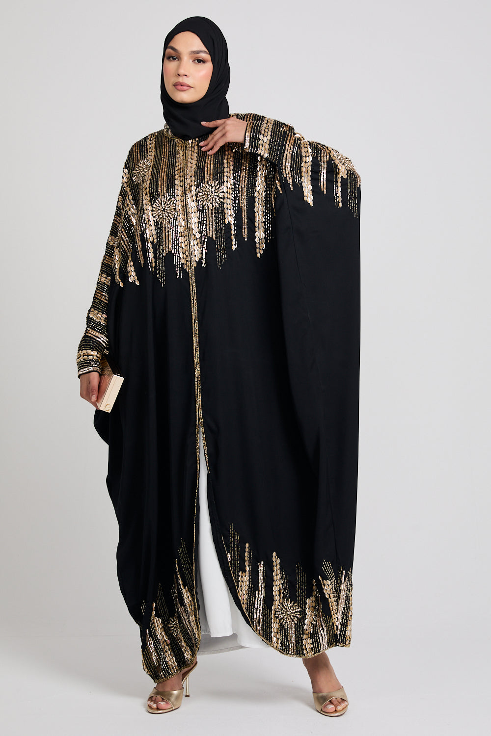 Luxury Cosmic Blossom Embellished Open Abaya with Front Zip - Gold